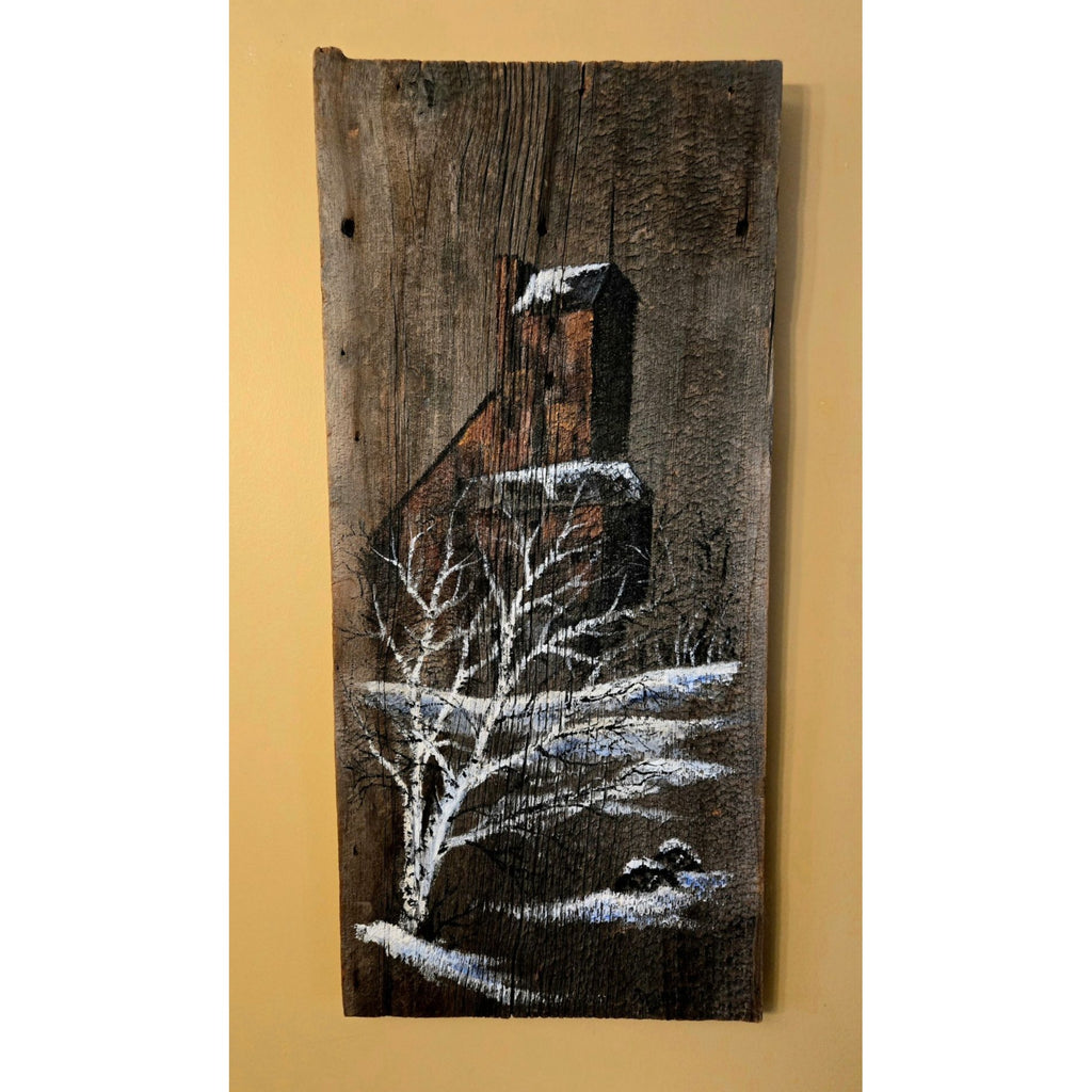 Rustic Barn Winter Scene Hand-Painted On Reclaimed Barn Wood Wall Art 35"