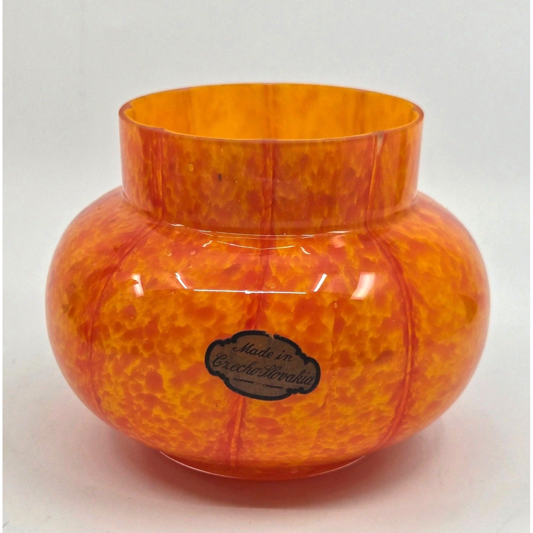 Vintage Welz Czech Glass Vase Orange Yellow Splatter Vase