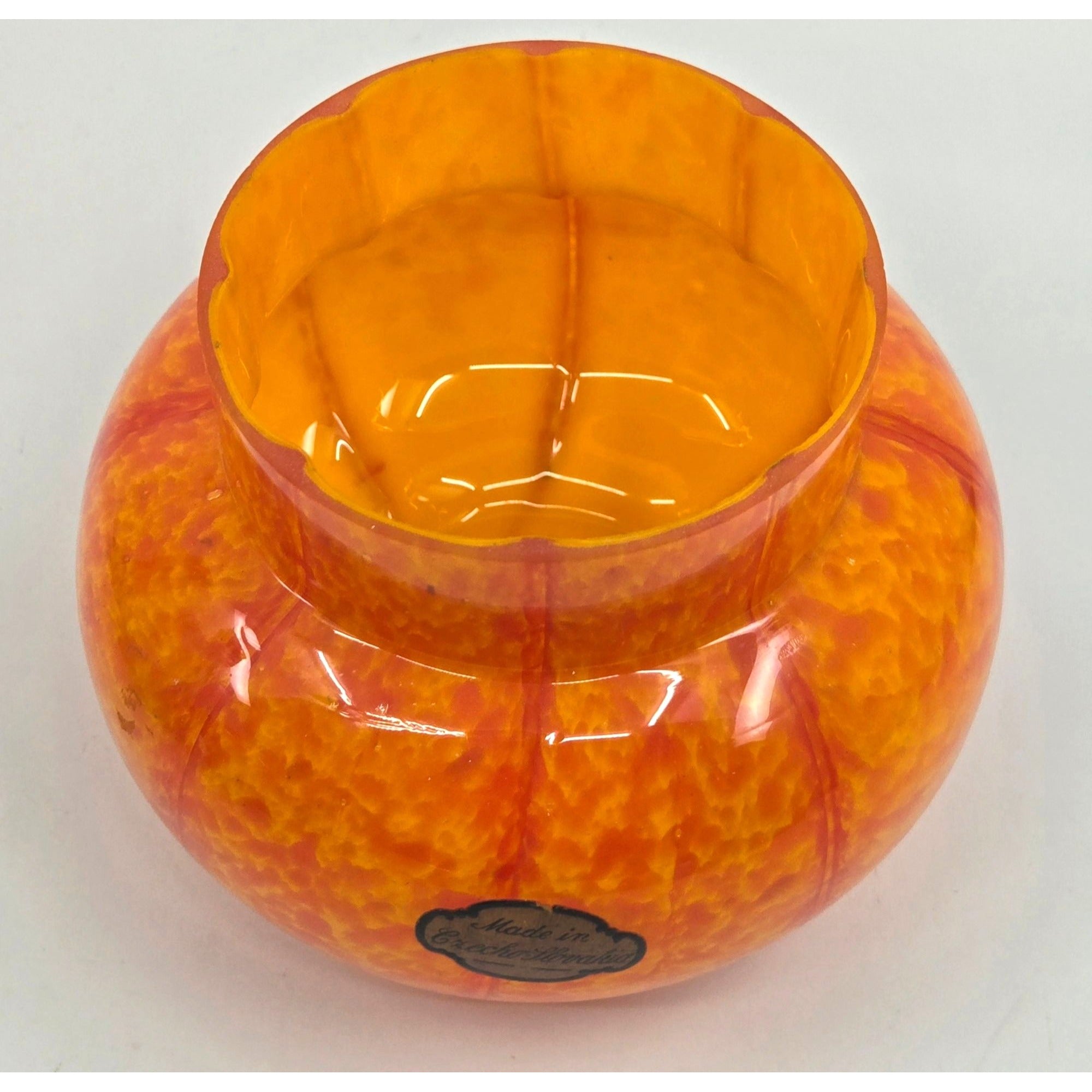 Vintage Welz Czech Glass Vase Orange Yellow Splatter Vase