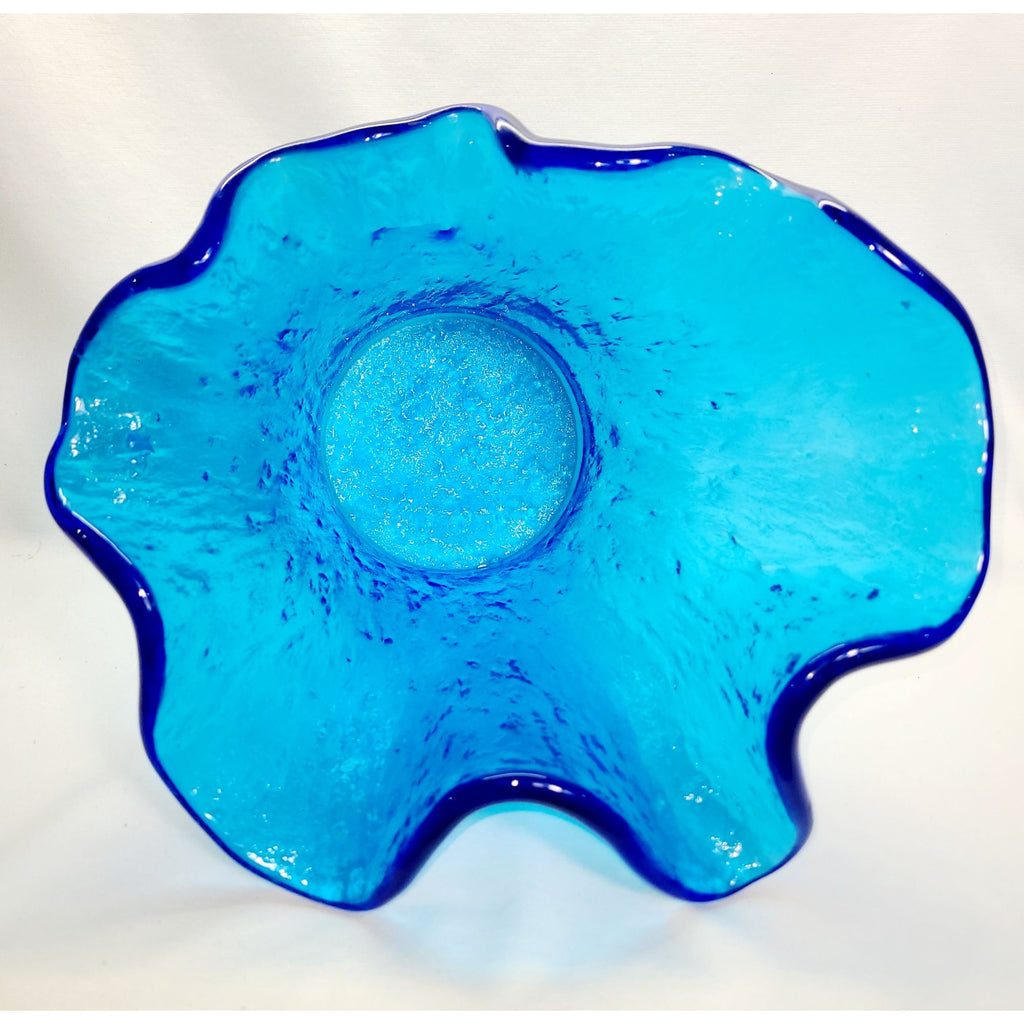Murero Italian Recycled Glass handkerchief vase/bowl in deep aqua, Empoli Italy