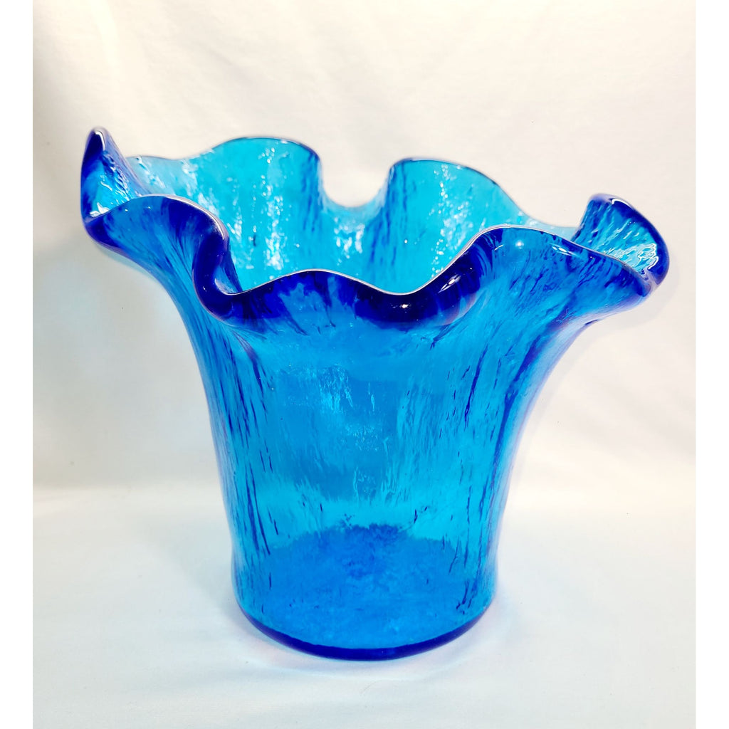 Murero Italian Recycled Glass handkerchief vase/bowl in deep aqua, Empoli Italy