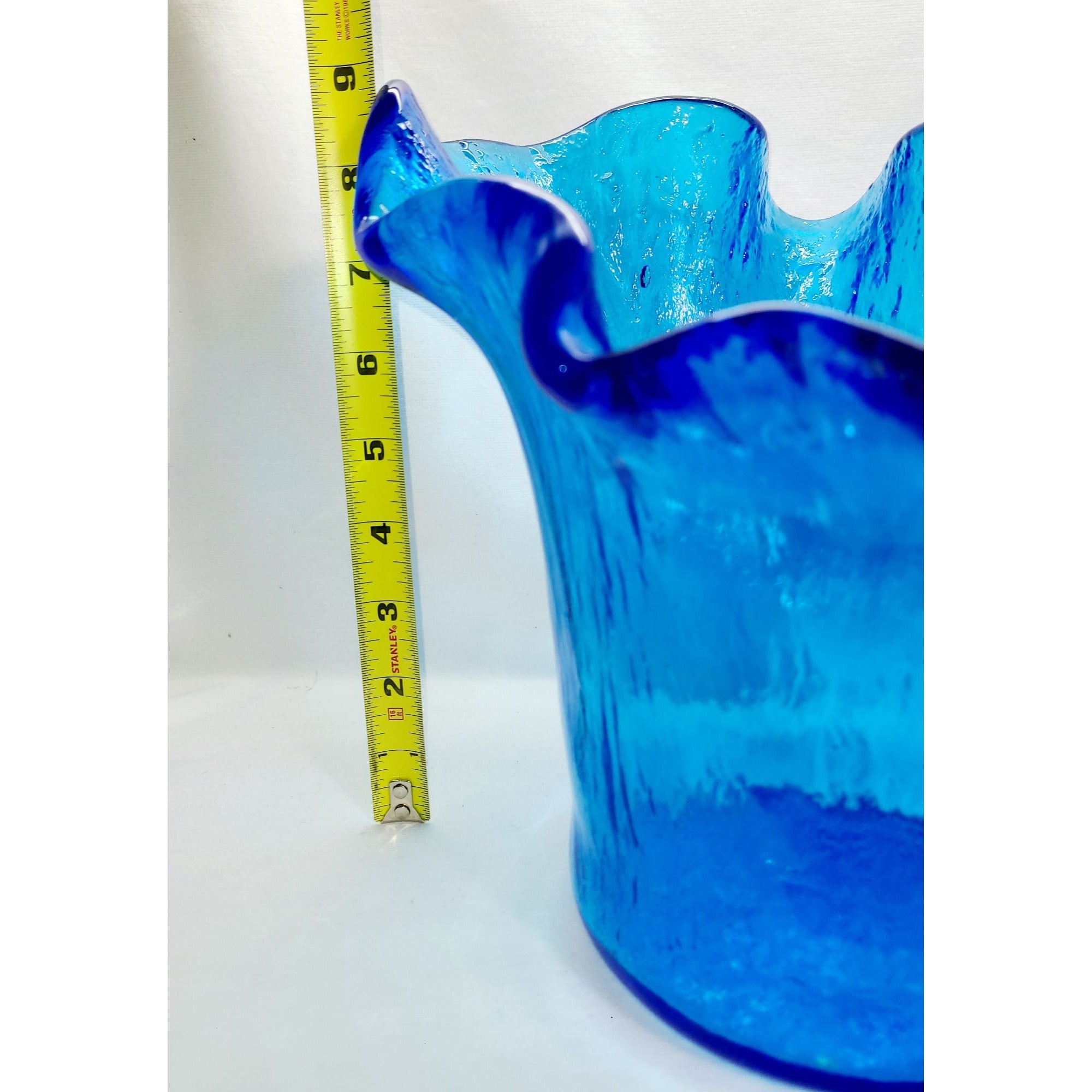 Murero Italian Recycled Glass handkerchief vase/bowl in deep aqua, Empoli Italy