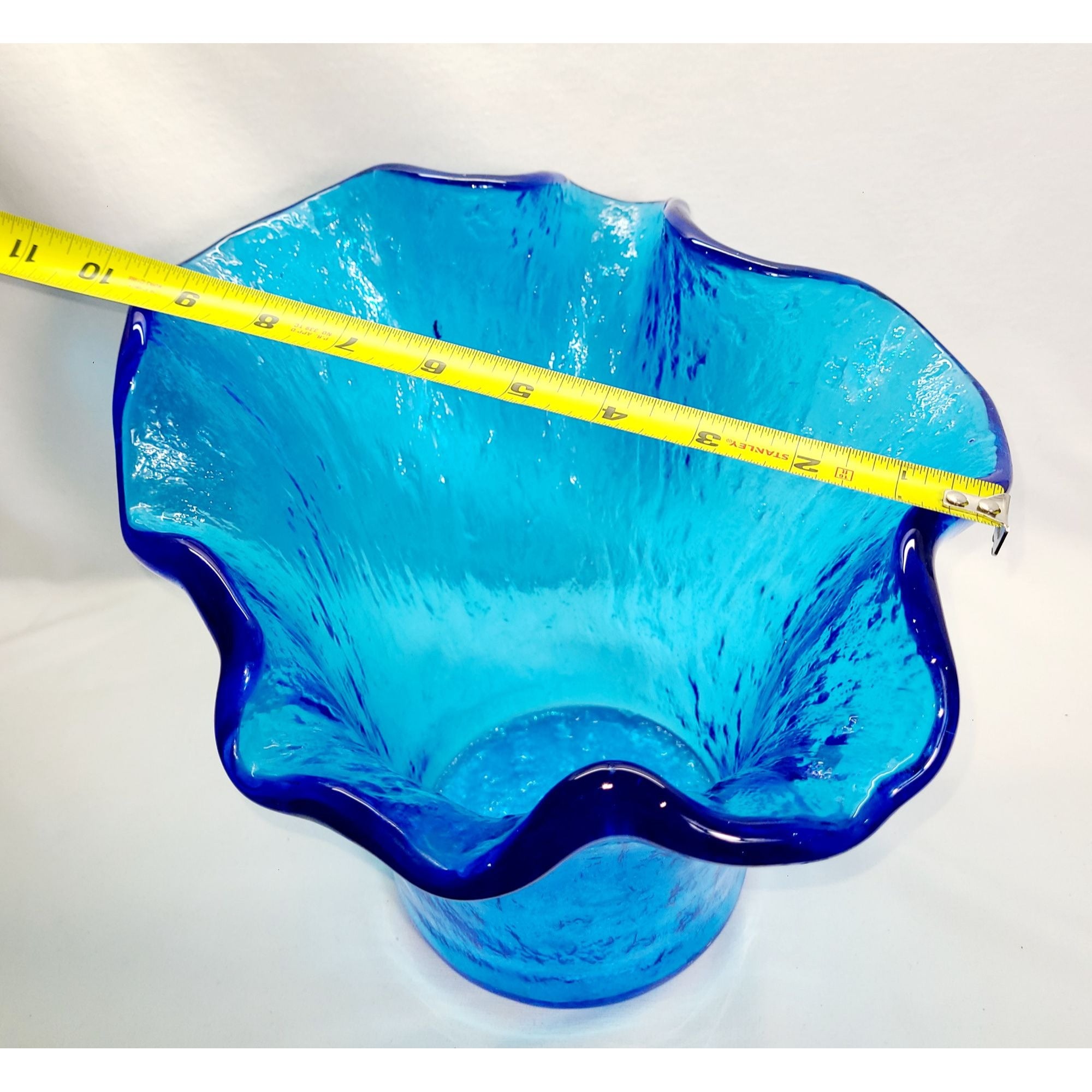 Murero Italian Recycled Glass handkerchief vase/bowl in deep aqua, Empoli Italy