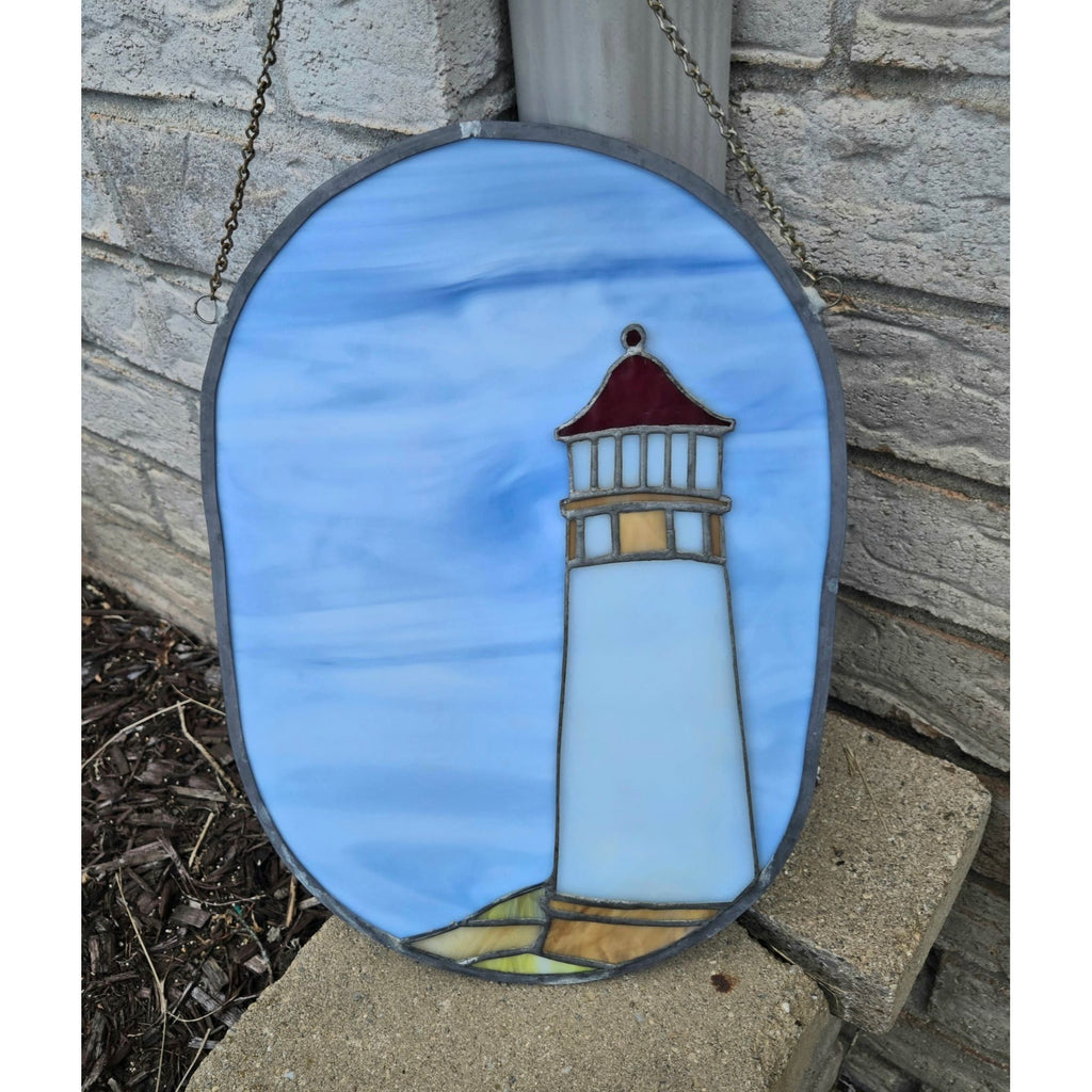 Stained Glass Lighthouse SunCatcher Blue Slag Sky & Chain Hanger