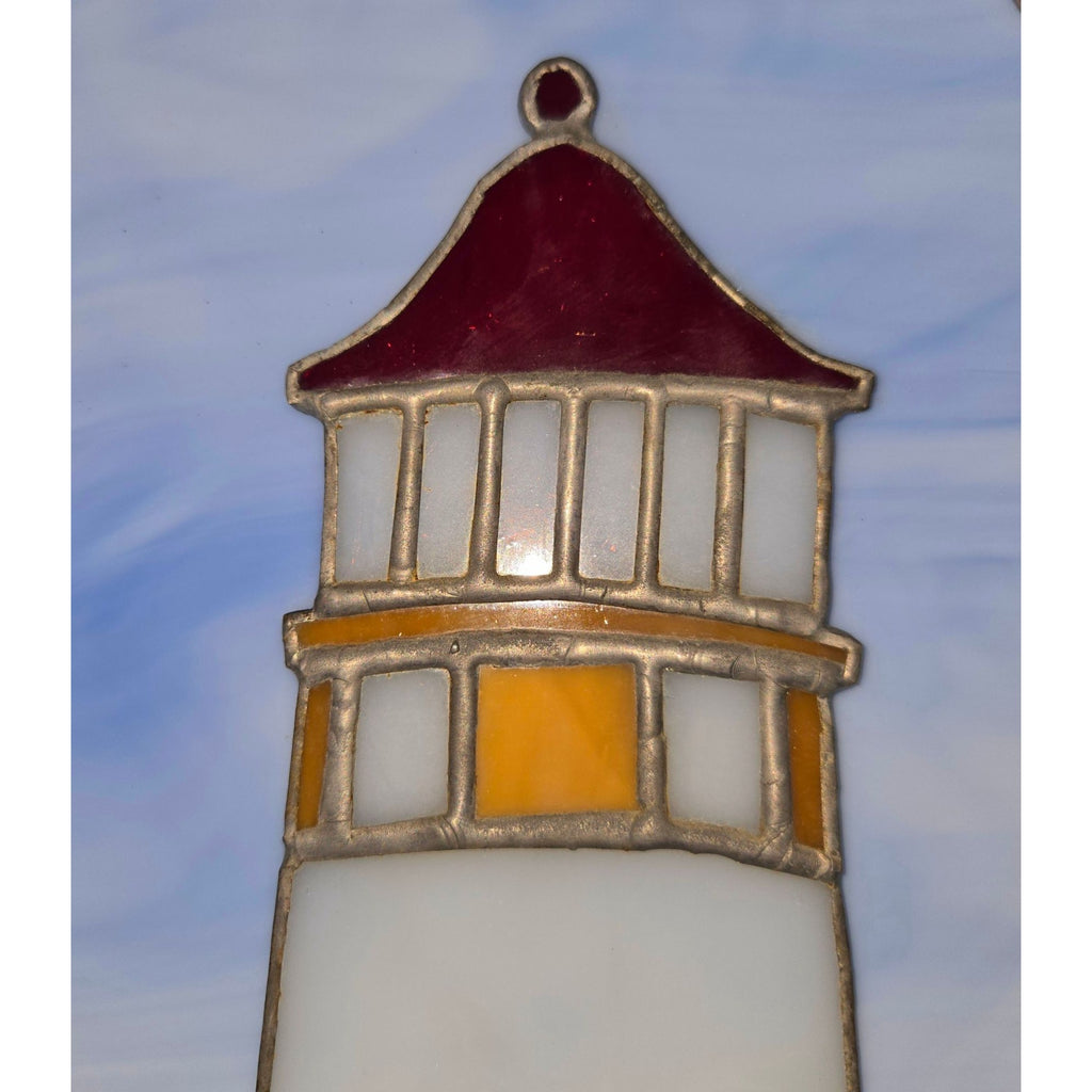 Stained Glass Lighthouse SunCatcher Blue Slag Sky & Chain Hanger