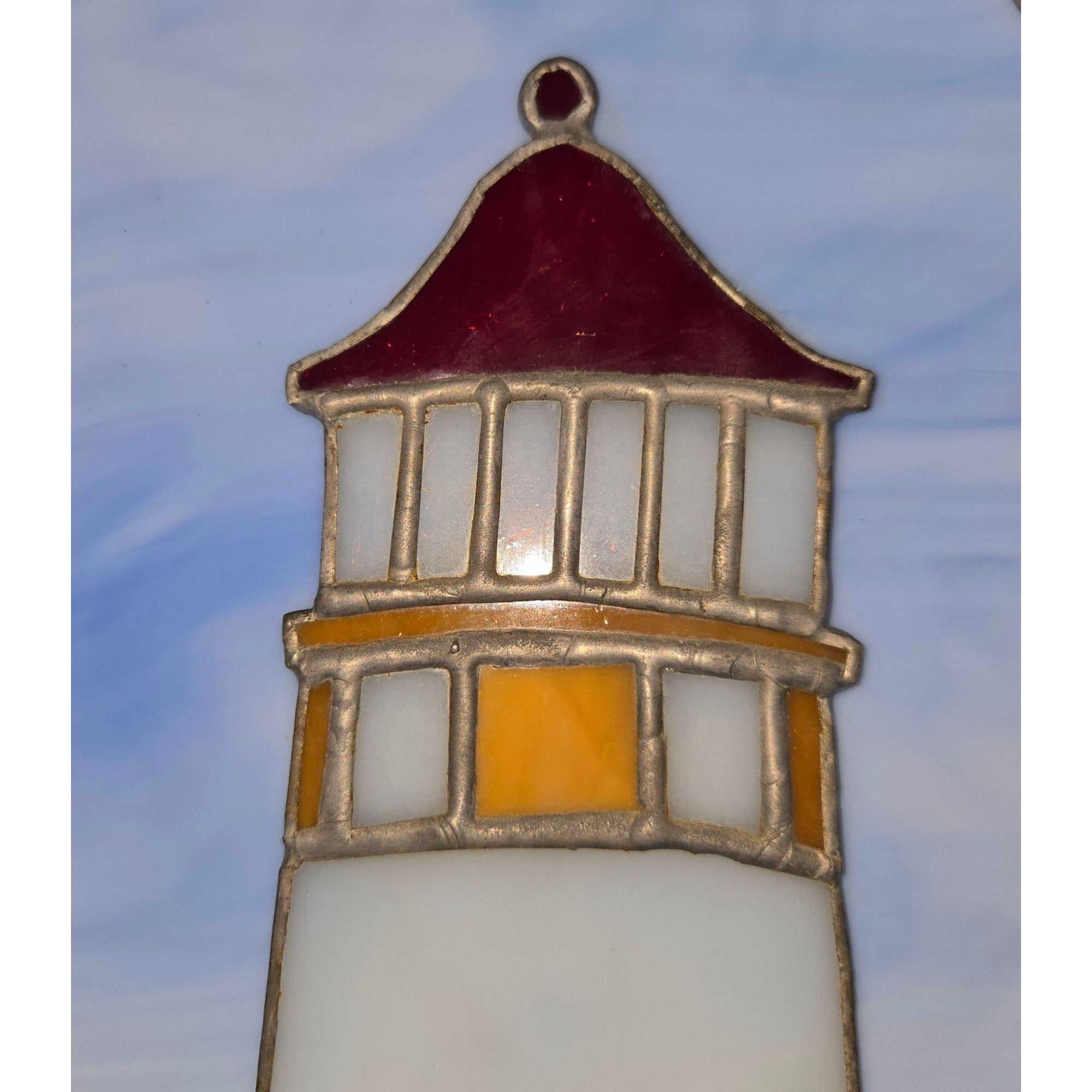 Stained Glass Lighthouse SunCatcher Blue Slag Sky & Chain Hanger