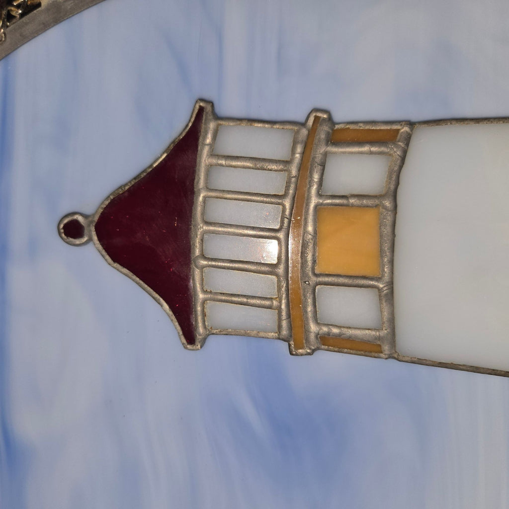 Stained Glass Lighthouse SunCatcher Blue Slag Sky & Chain Hanger