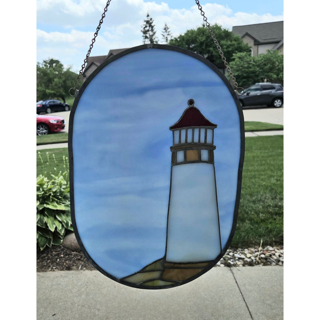 Stained Glass Lighthouse SunCatcher Blue Slag Sky & Chain Hanger