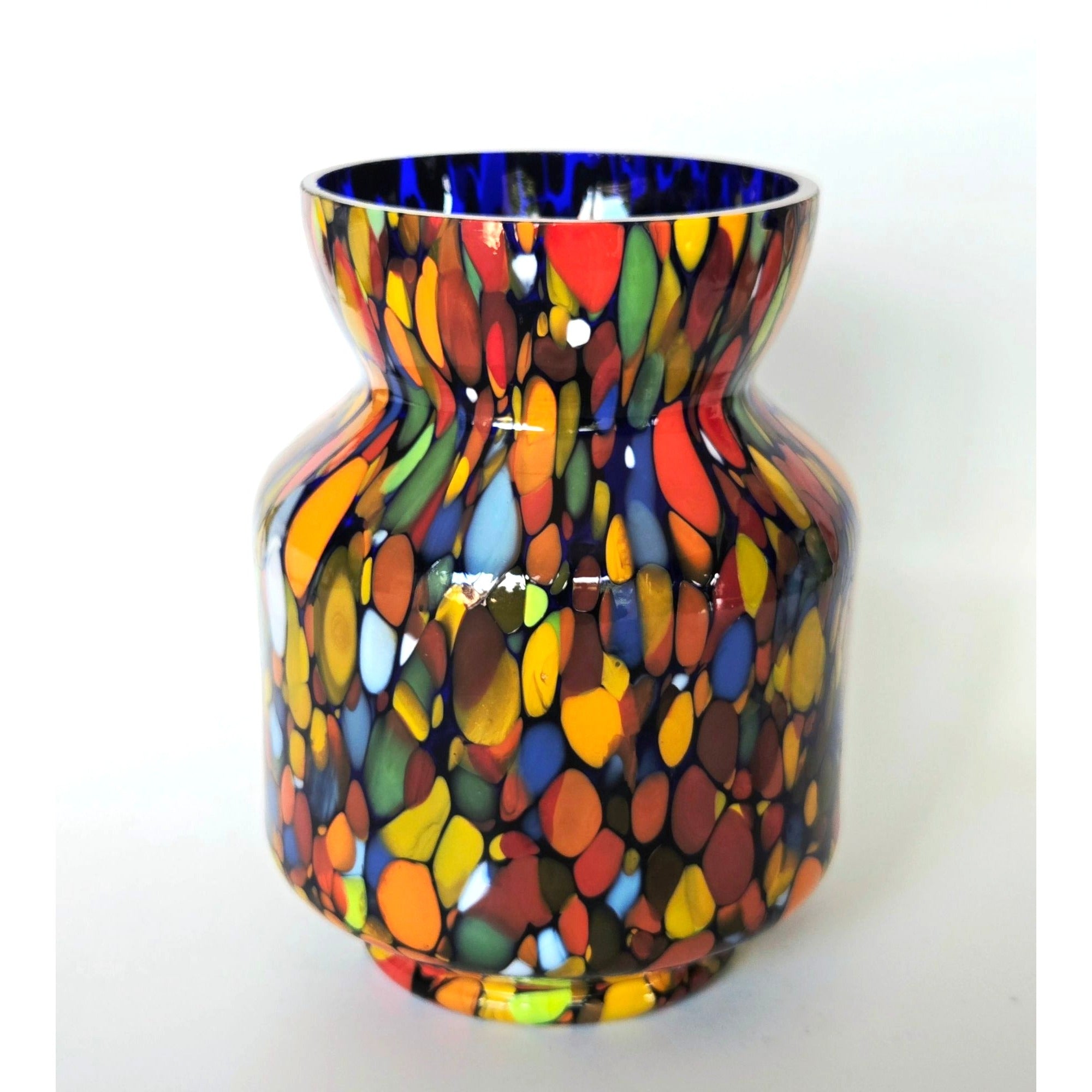 Czech 1930s Multicolor Hand-Blown Art Glass Vase Vibrant Pattern 5 Inches Tall Decorative Accent