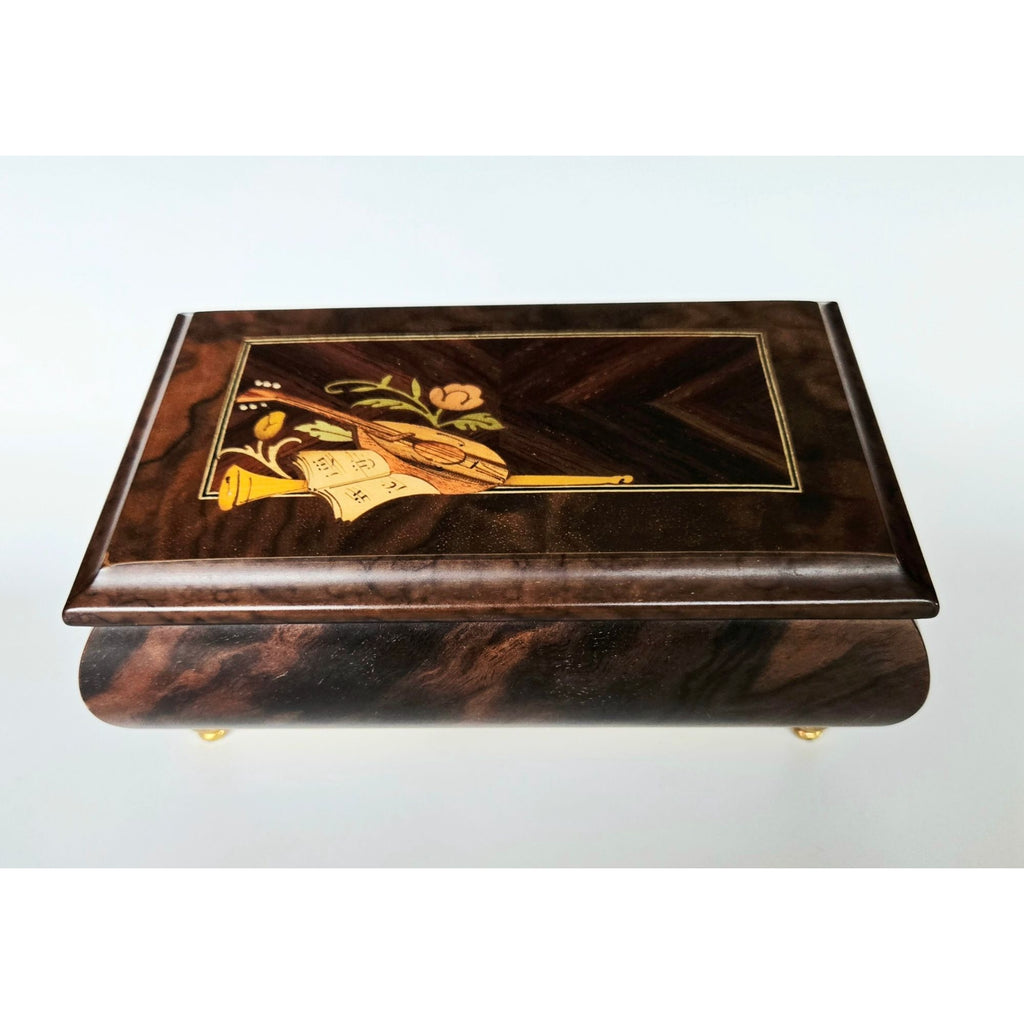 Sorrento Italian Inlaid Wood Music Box Floral & Instrument Design Burl Wood Finish Gold Feet, Nice!