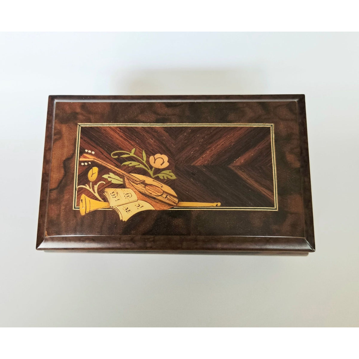 Sorrento Italian Inlaid Wood Music Box Floral & Instrument Design Burl Wood Finish Gold Feet, Nice!