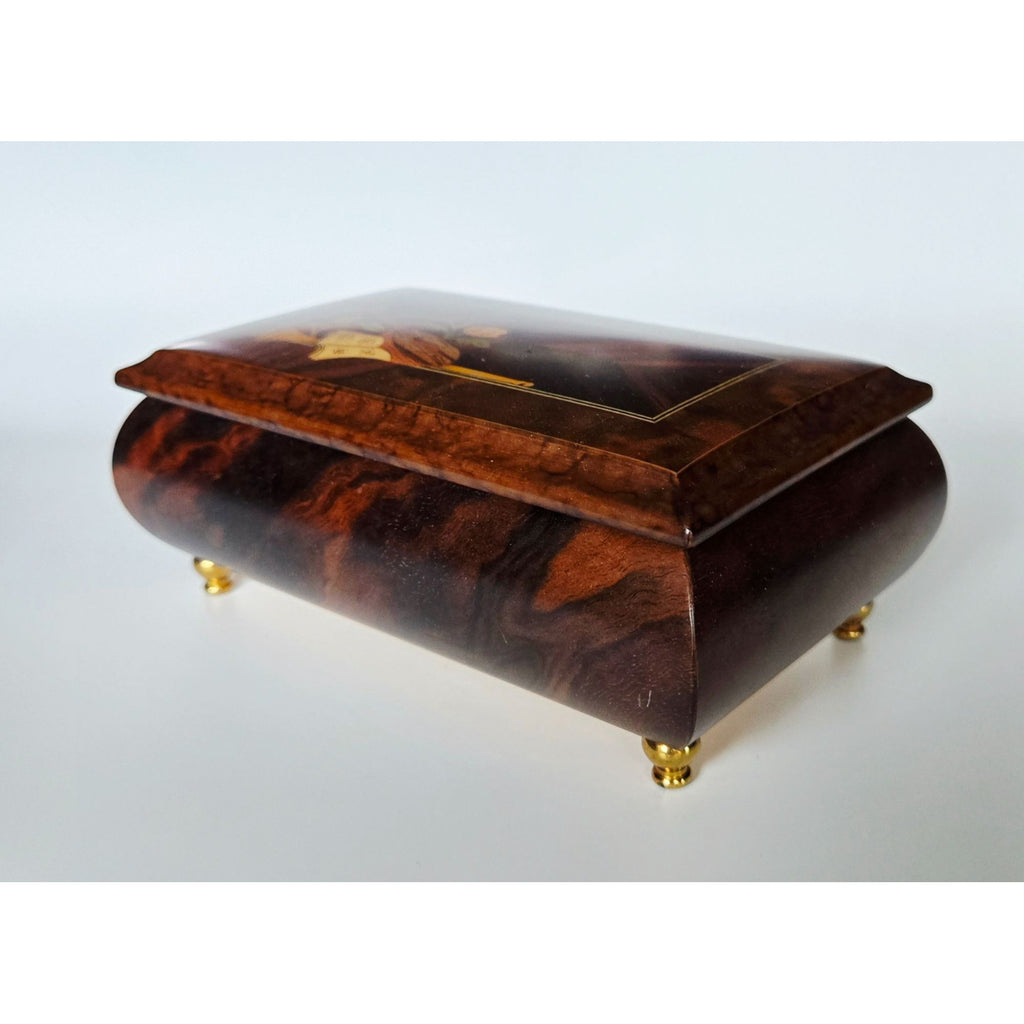 Sorrento Italian Inlaid Wood Music Box Floral & Instrument Design Burl Wood Finish Gold Feet, Nice!