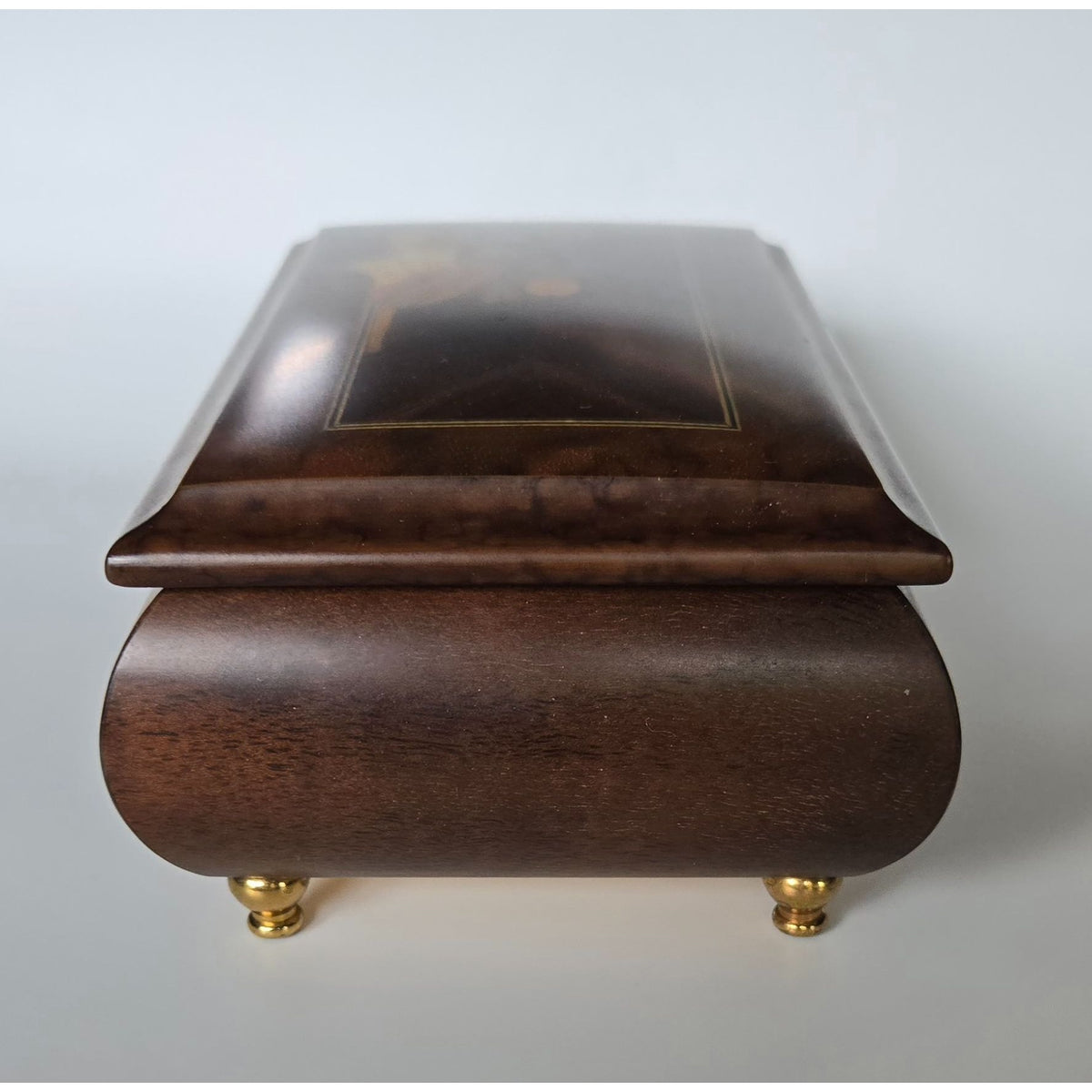 Sorrento Italian Inlaid Wood Music Box Floral & Instrument Design Burl Wood Finish Gold Feet, Nice!
