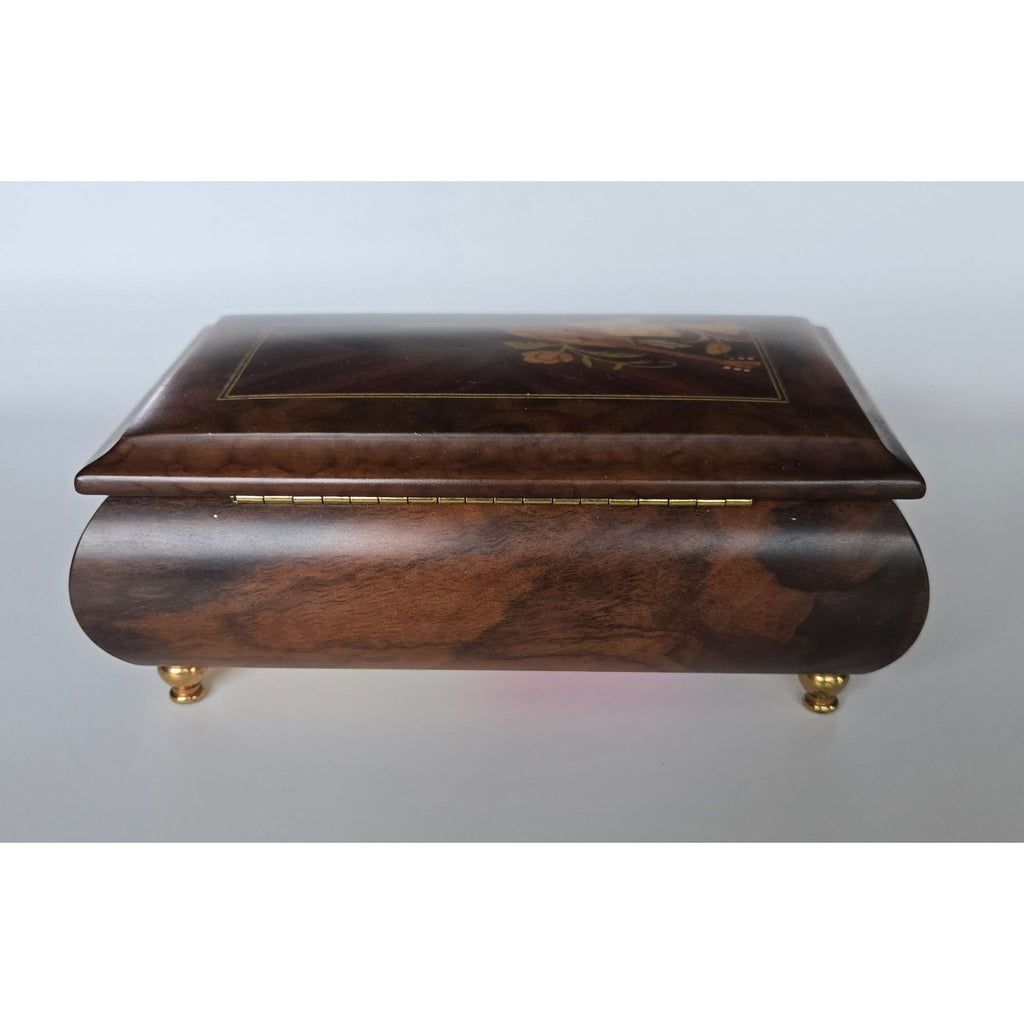Sorrento Italian Inlaid Wood Music Box Floral & Instrument Design Burl Wood Finish Gold Feet, Nice!