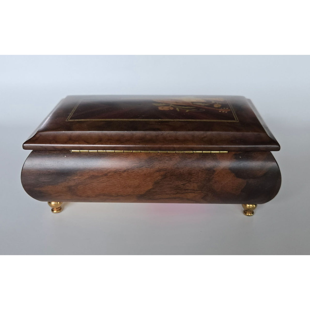 Sorrento Italian Inlaid Wood Music Box Floral & Instrument Design Burl Wood Finish Gold Feet, Nice!