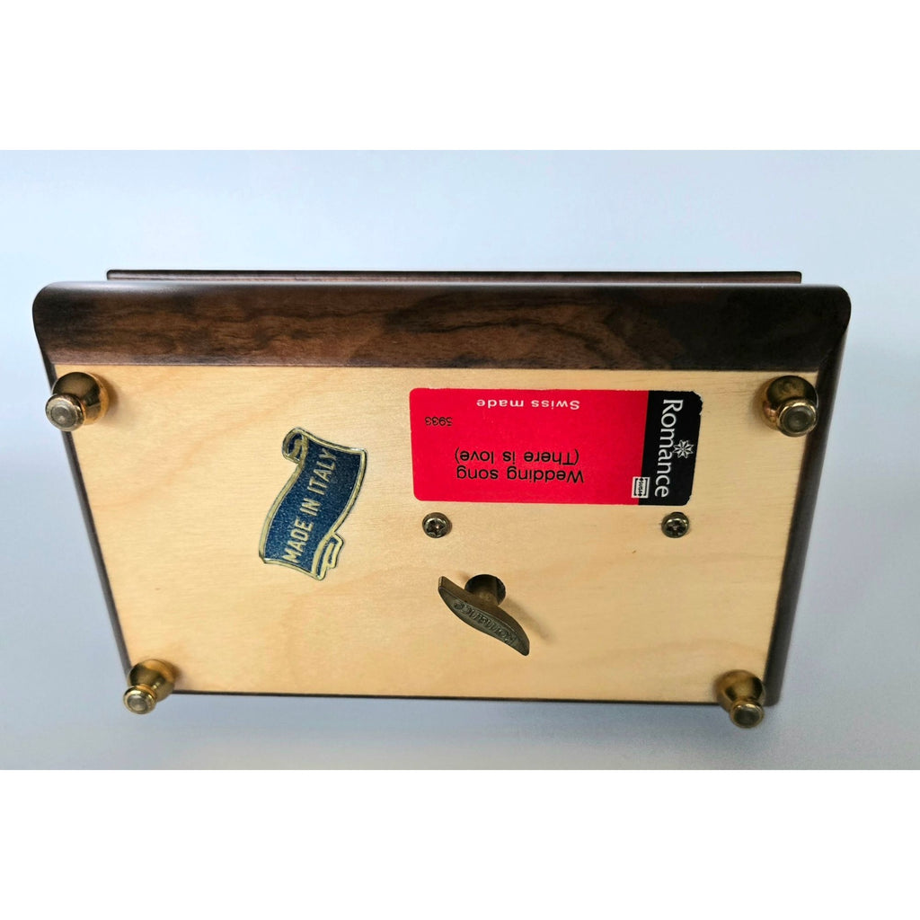 Sorrento Italian Inlaid Wood Music Box Floral & Instrument Design Burl Wood Finish Gold Feet, Nice!