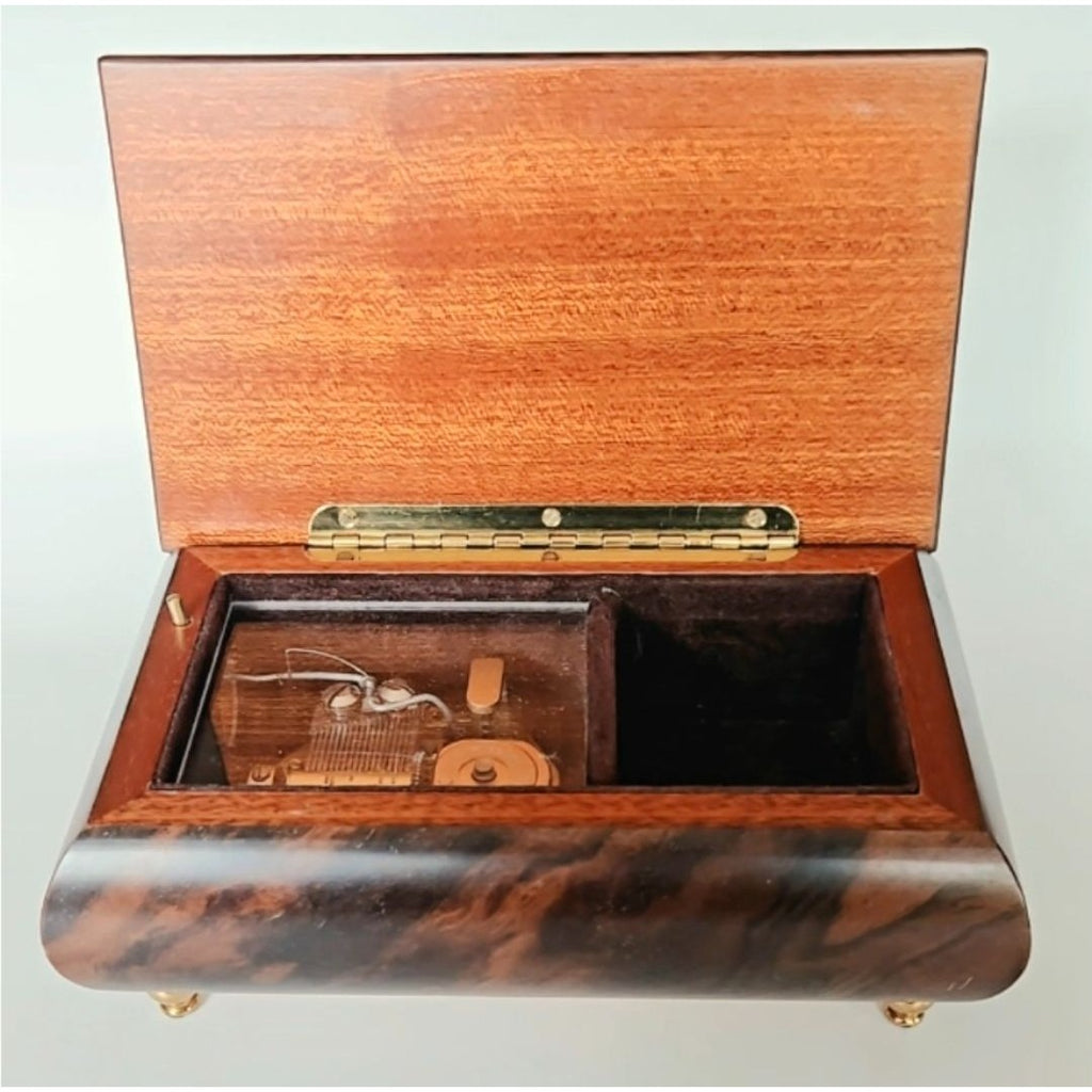 Sorrento Italian Inlaid Wood Music Box Floral & Instrument Design Burl Wood Finish Gold Feet, Nice!