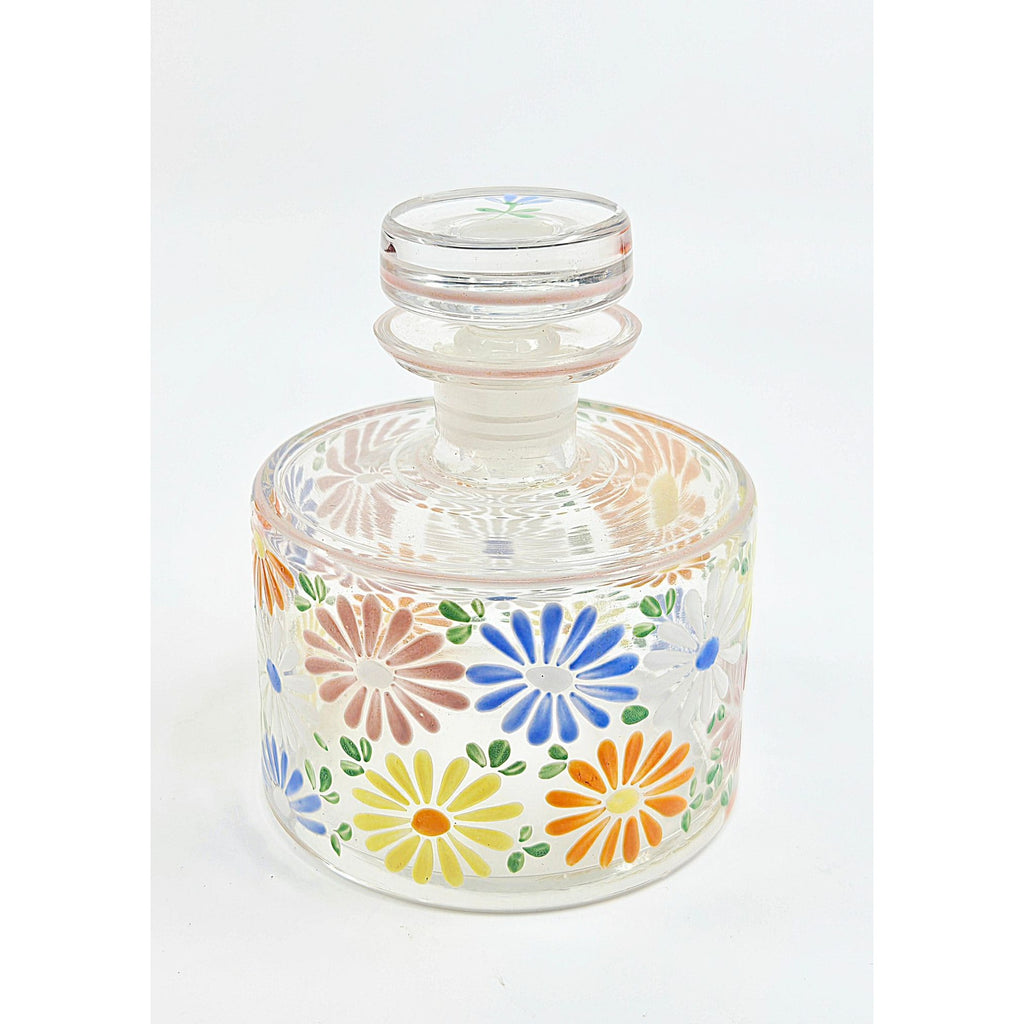1930s Beautiful Hand Painted Floral Czech Glass Perfume Bottle w multicolor Daisies 4in