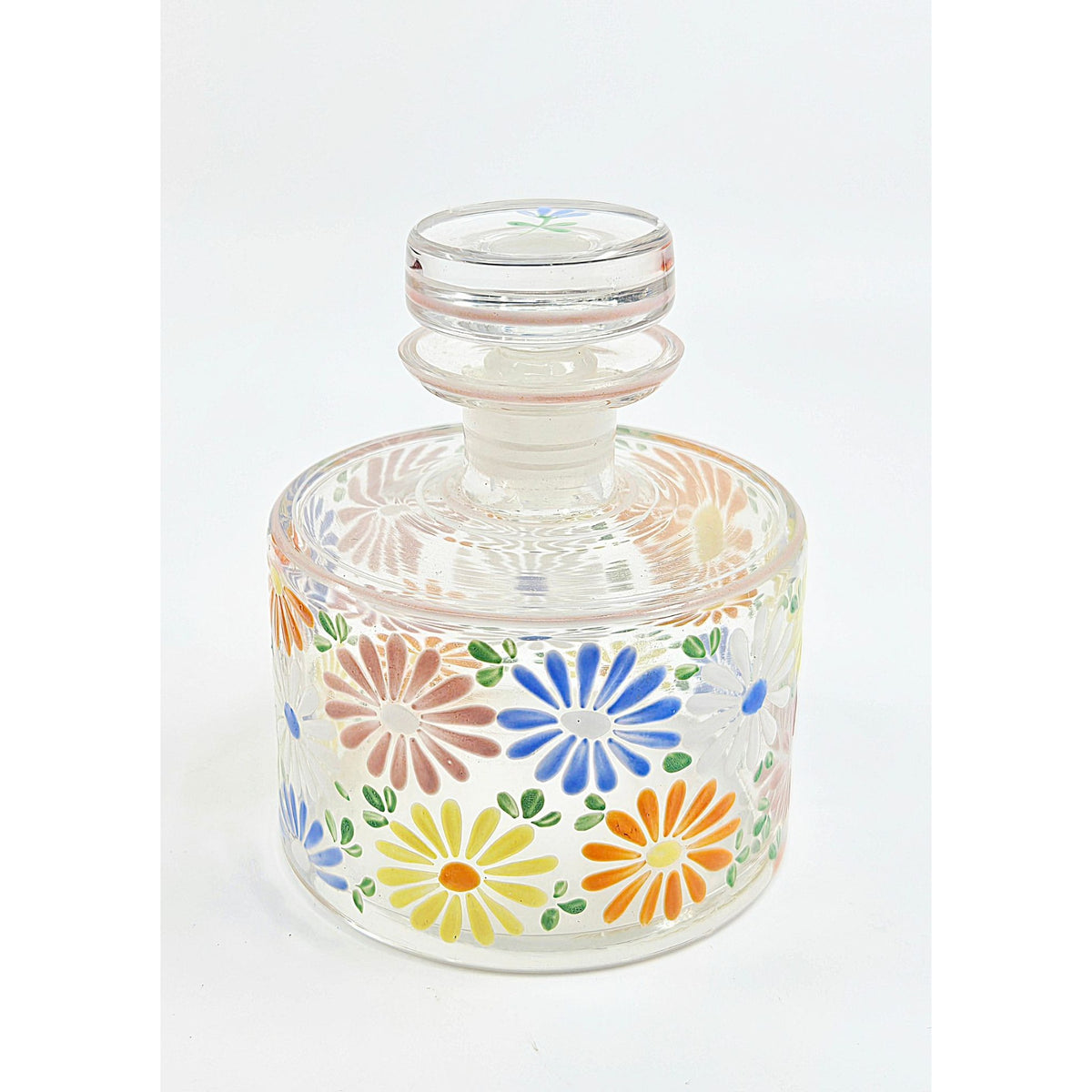1930s Beautiful Hand Painted Floral Czech Glass Perfume Bottle w multicolor Daisies 4in