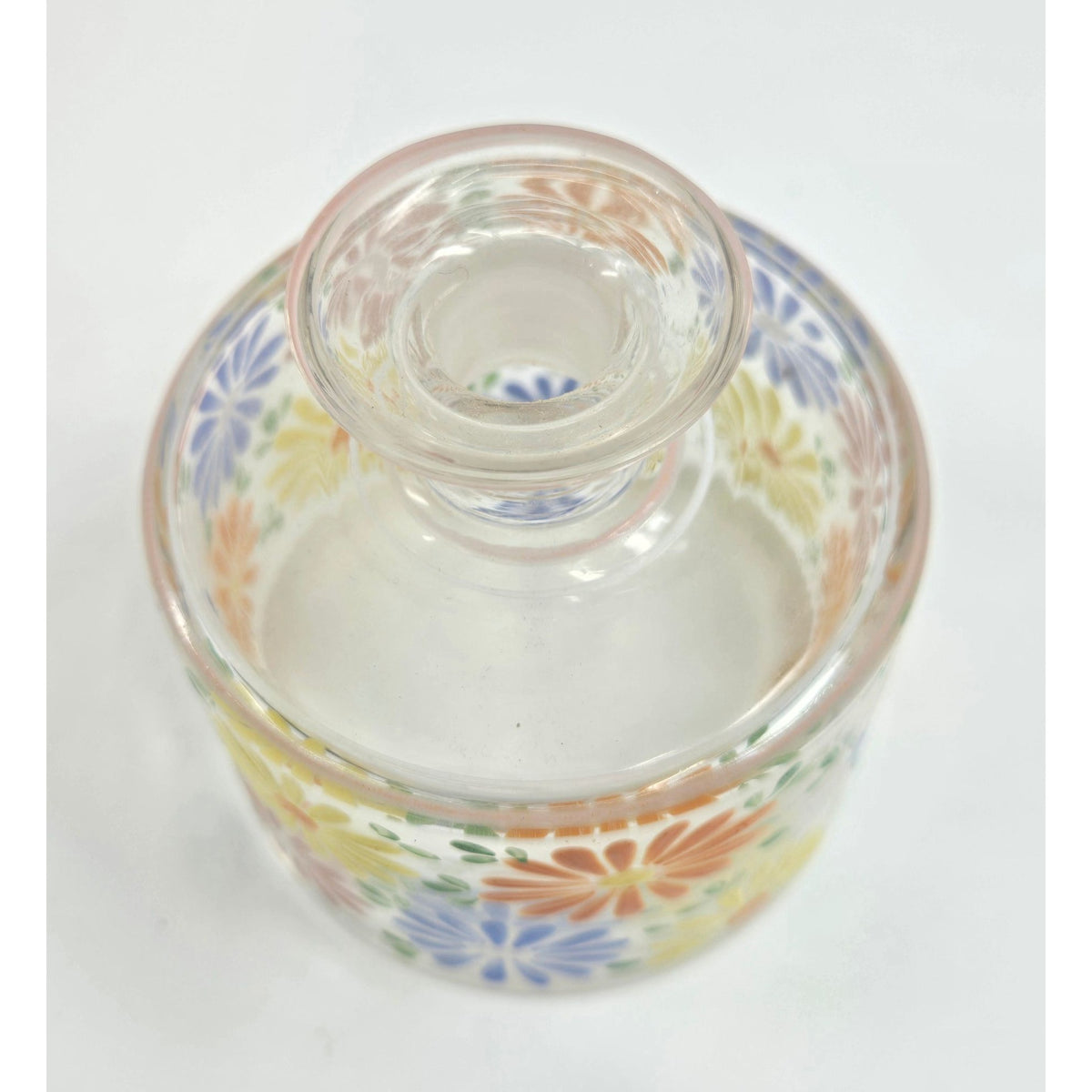 1930s Beautiful Hand Painted Floral Czech Glass Perfume Bottle w multicolor Daisies 4in