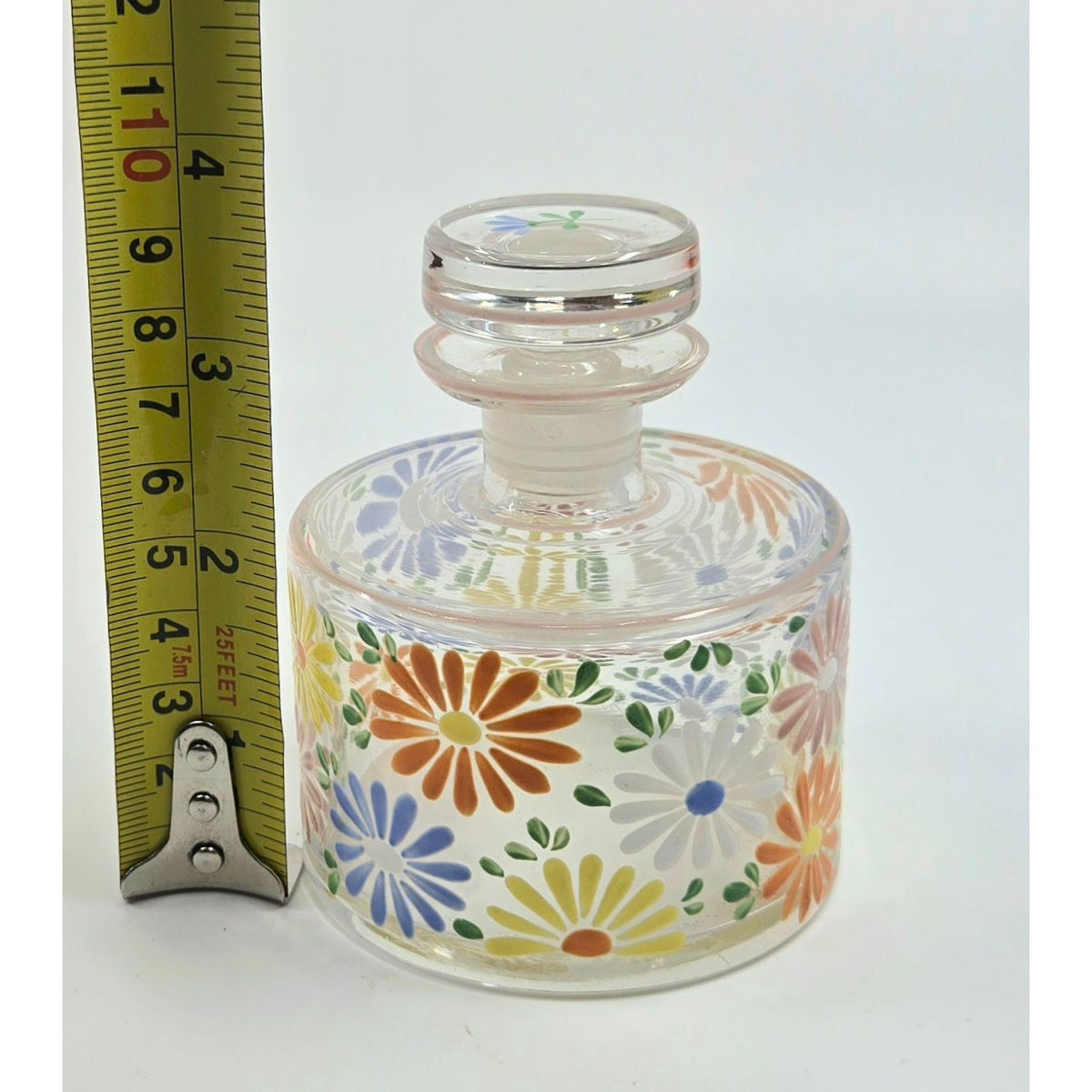 1930s Beautiful Hand Painted Floral Czech Glass Perfume Bottle w multicolor Daisies 4in