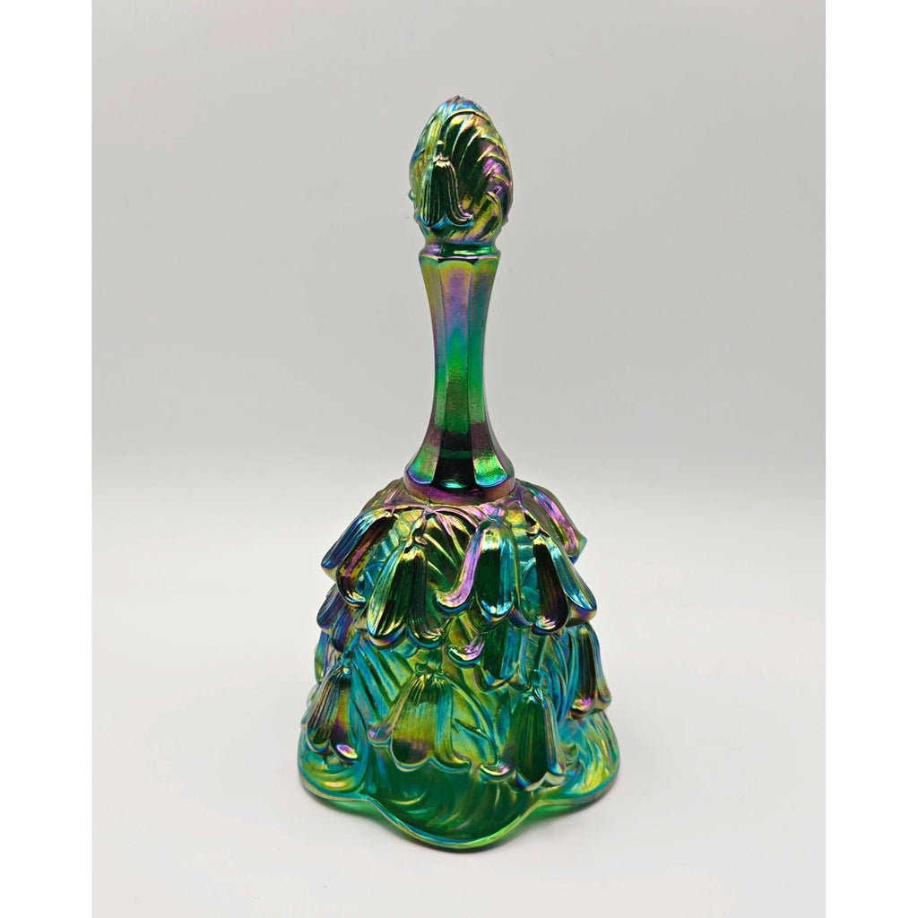 Fenton Green Carnival Glass Bell with Lillies, Like New