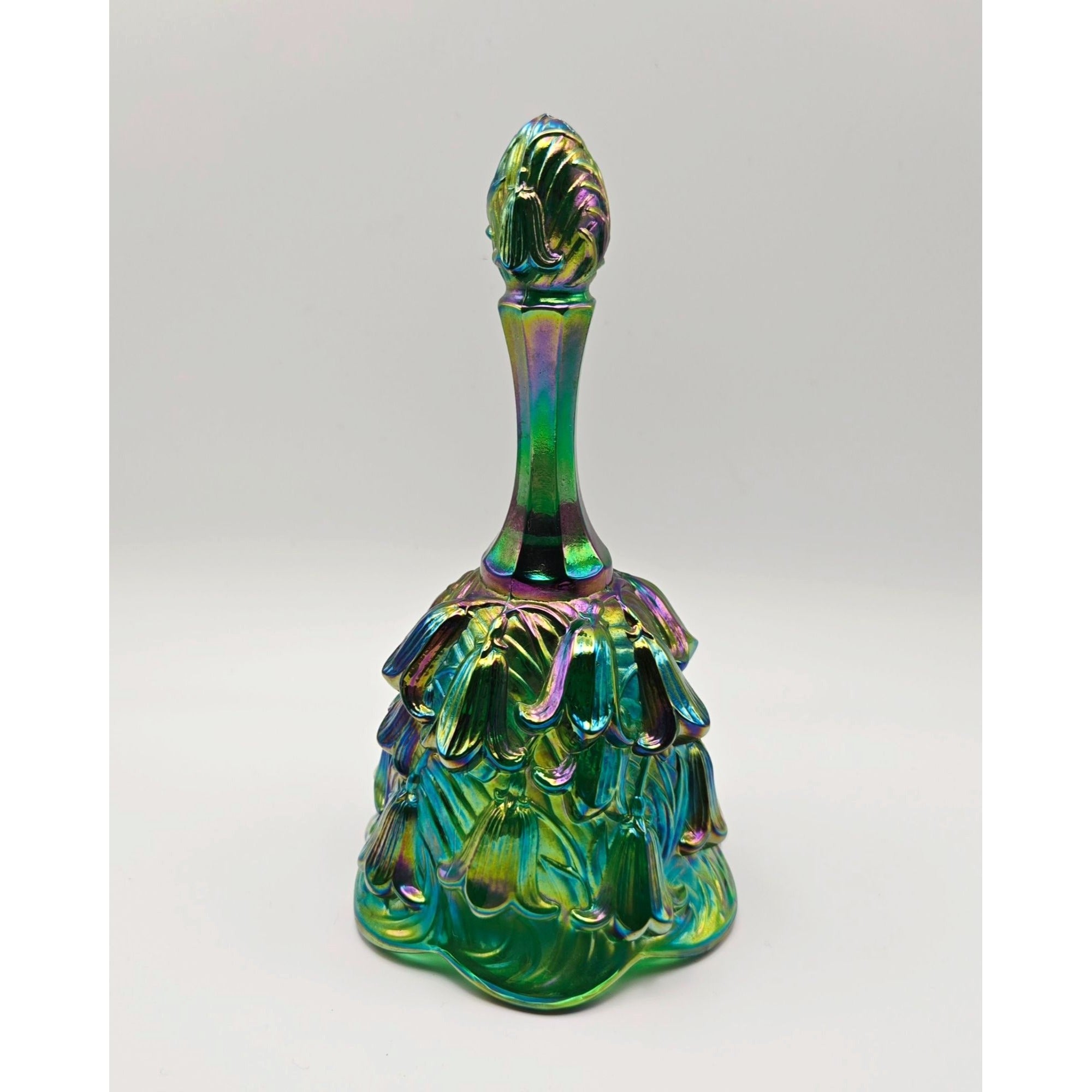 Fenton Green Carnival Glass Bell with Lillies, Like New