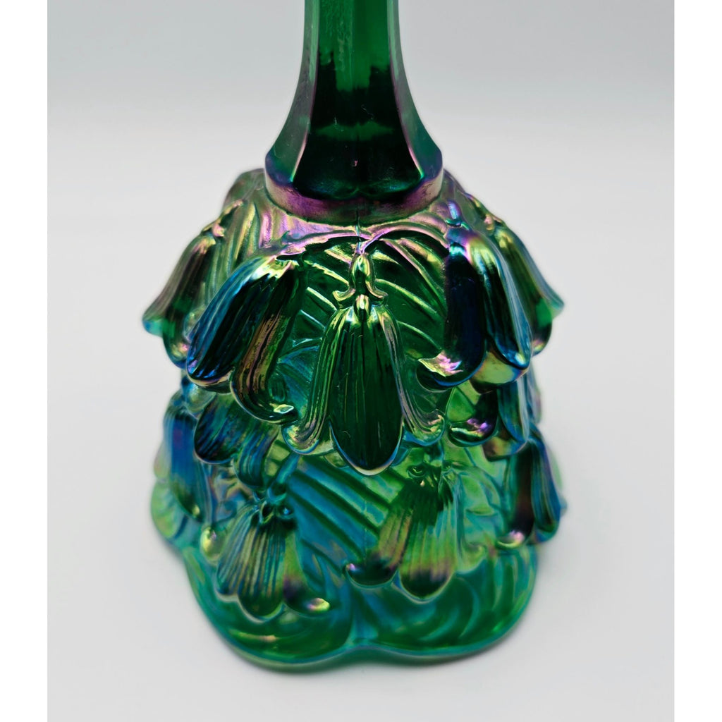 Fenton Green Carnival Glass Bell with Lillies, Like New
