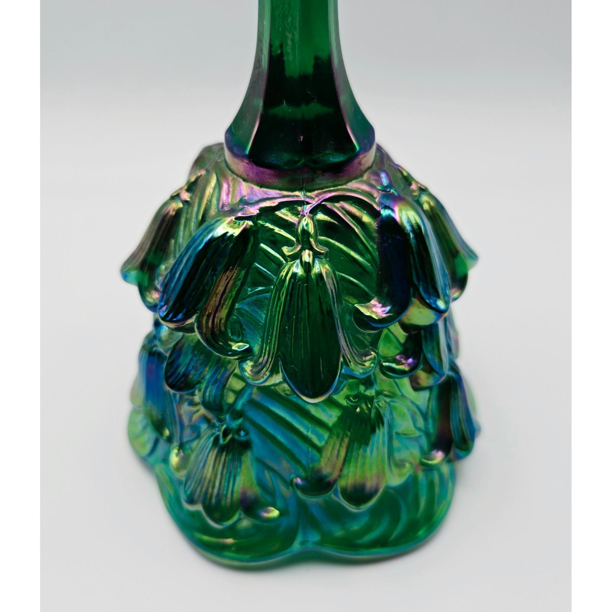 Fenton Green Carnival Glass Bell with Lillies, Like New