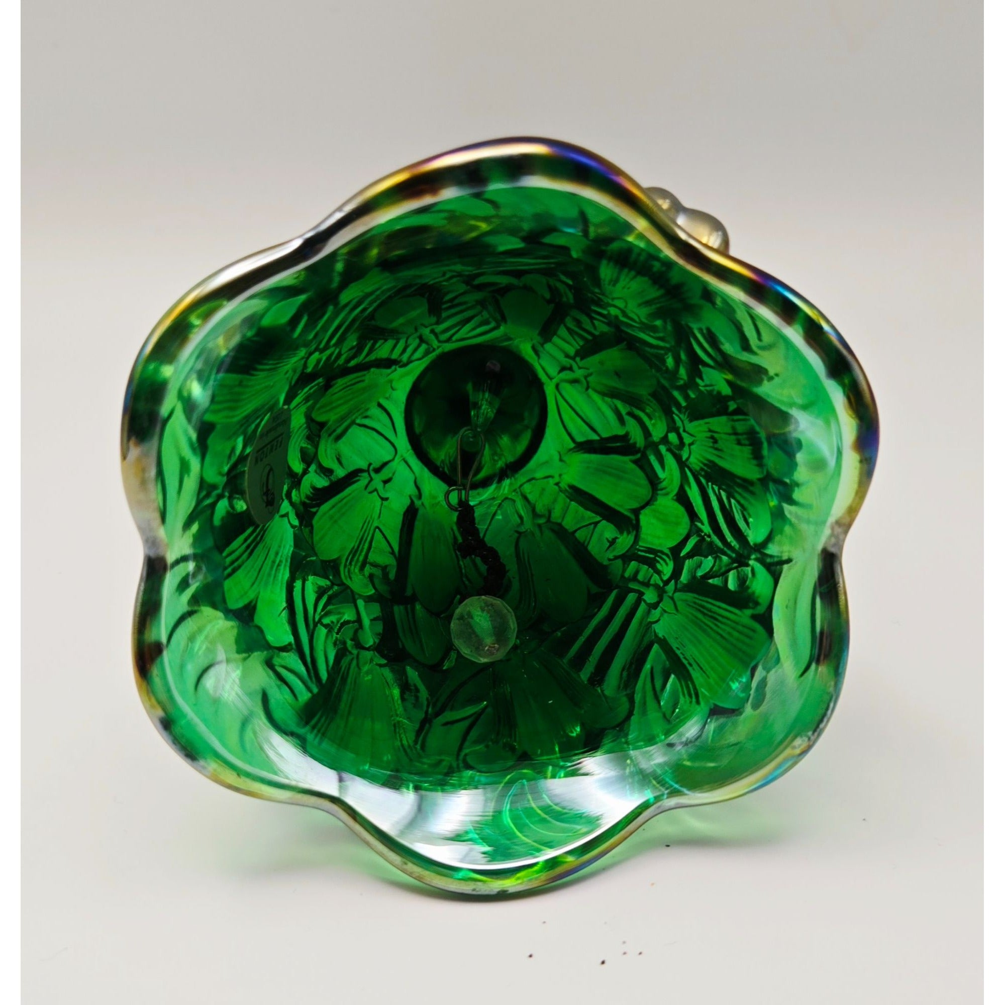 Fenton Green Carnival Glass Bell with Lillies, Like New