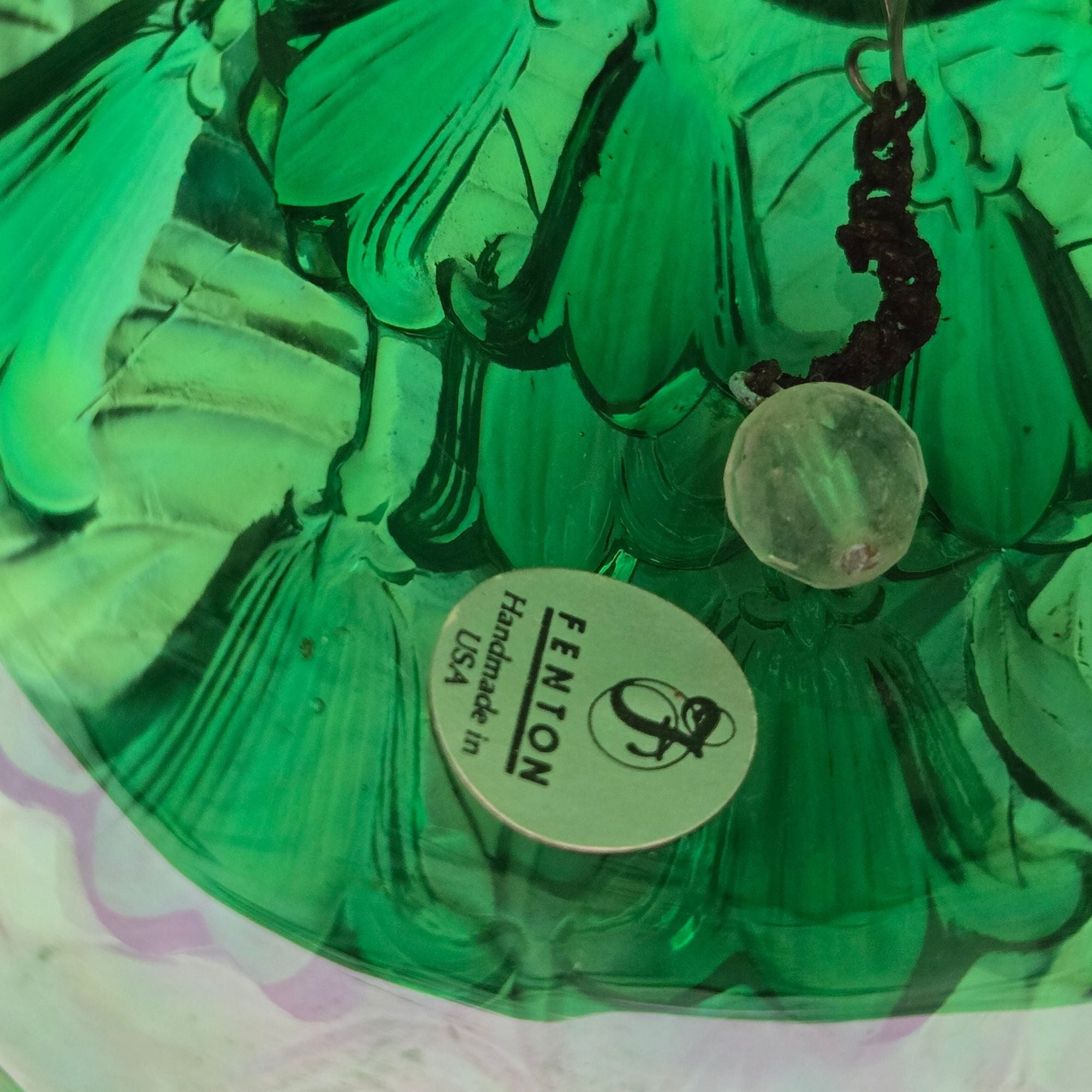 Fenton Green Carnival Glass Bell with Lillies, Like New