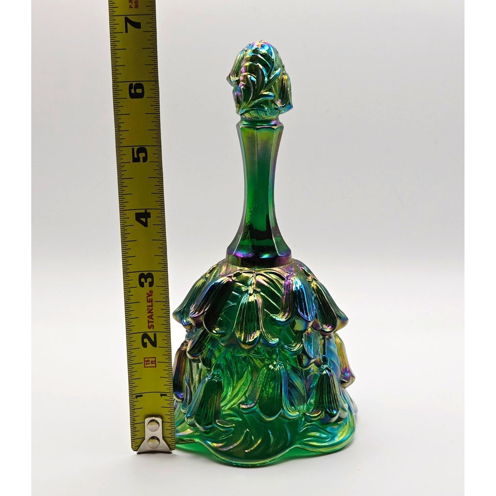 Fenton Green Carnival Glass Bell with Lillies, Like New