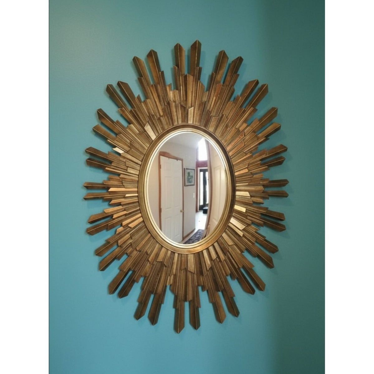 Retro MCM Sunburst Gold Framed Oval Wall Mirror With Decorative Rays, Convex