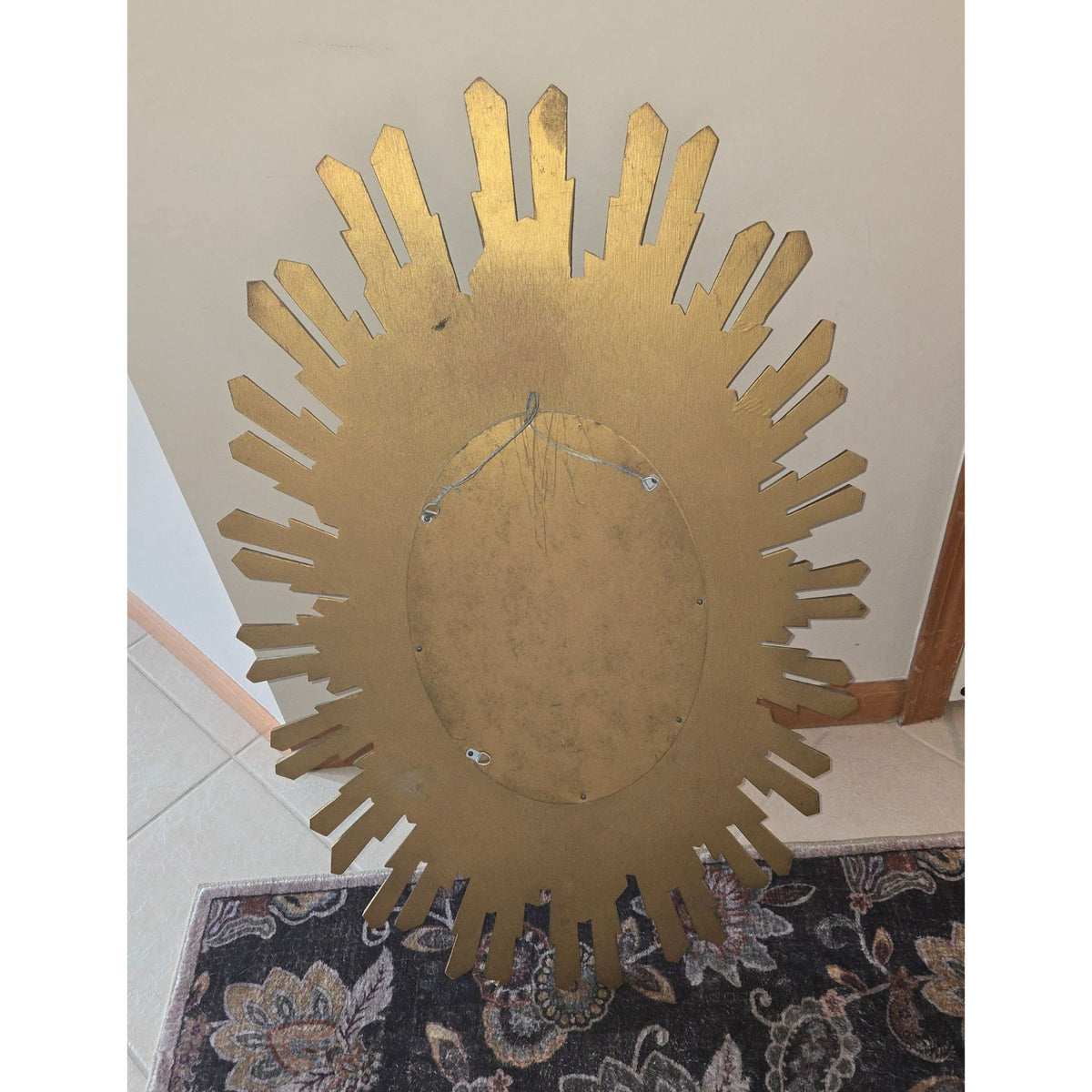 Retro MCM Sunburst Gold Framed Oval Wall Mirror With Decorative Rays, Convex