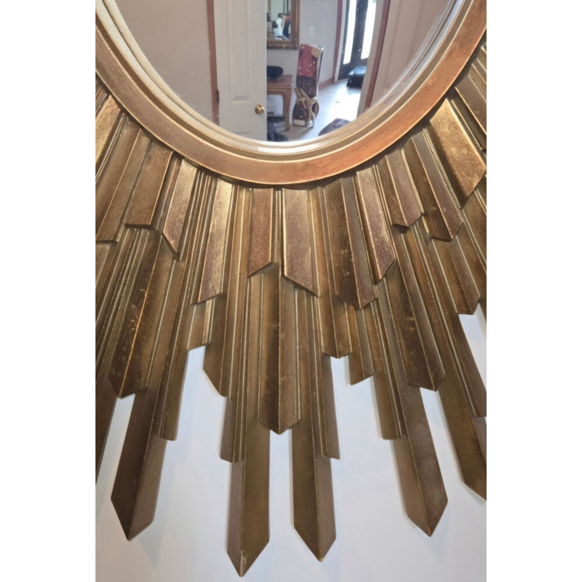 Retro MCM Sunburst Gold Framed Oval Wall Mirror With Decorative Rays, Convex