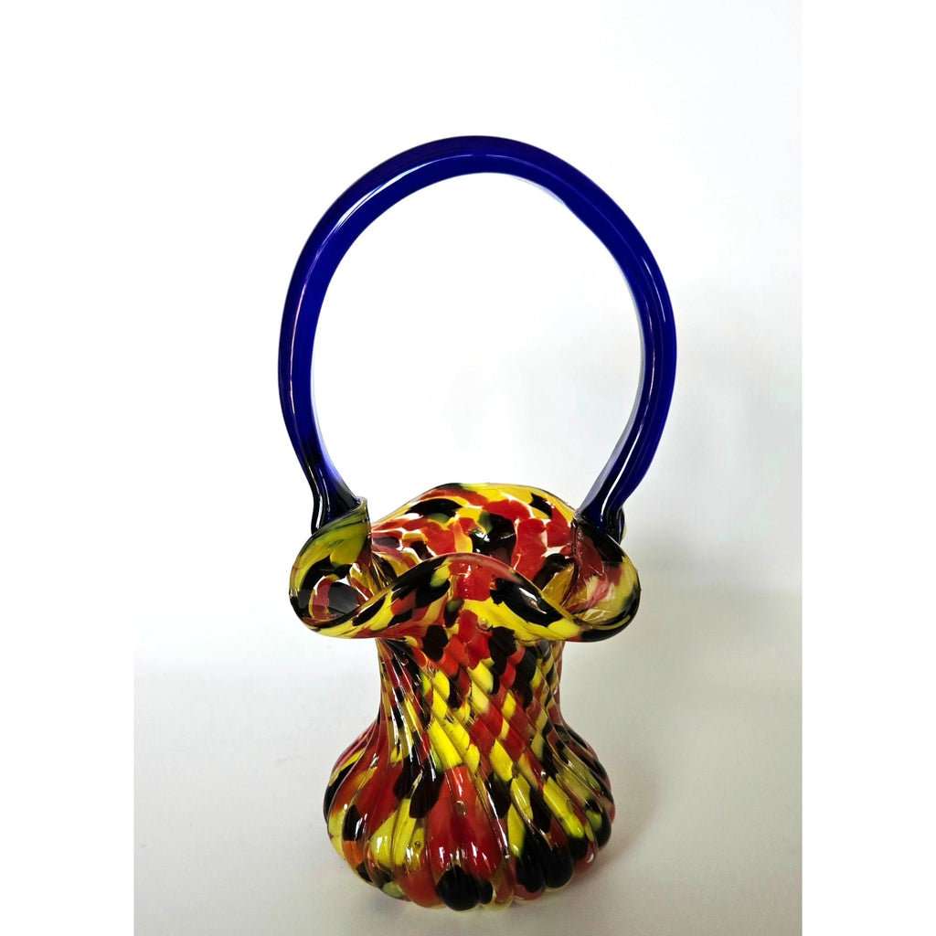 Welz Basket Multicolored Red Yellow Cobalt, Splatter Glass Czech Glass 1915  7.5 in.