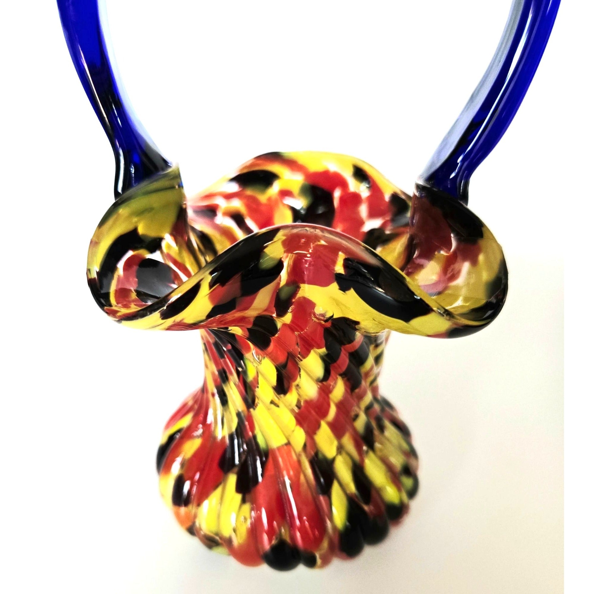 Welz Basket Multicolored Red Yellow Cobalt, Splatter Glass Czech Glass 1915  7.5 in.