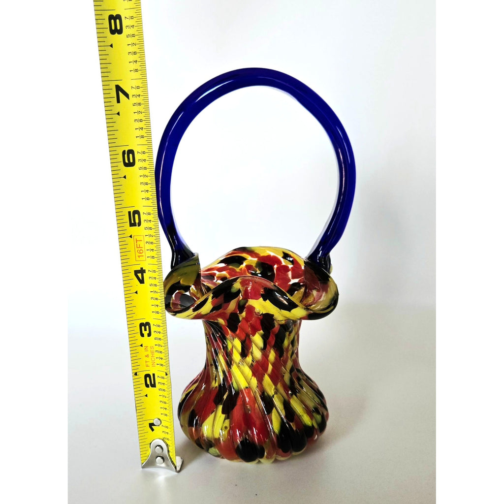 Welz Basket Multicolored Red Yellow Cobalt, Splatter Glass Czech Glass 1915  7.5 in.