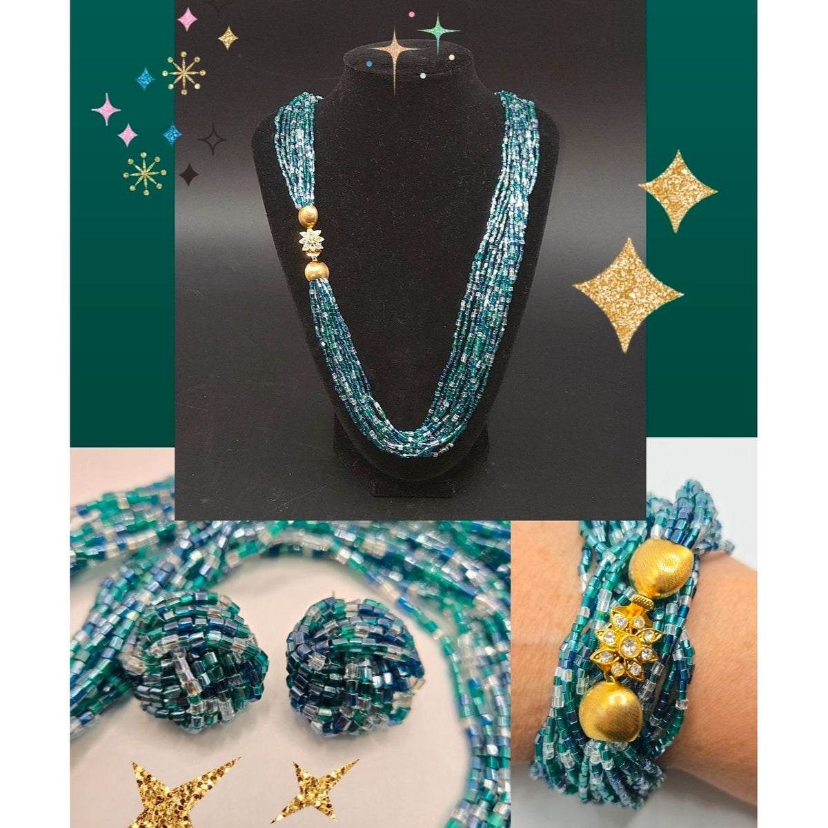 Multistrand Beaded Necklace & Clip-On Earrings Set With Gold-Tone Embellishments And Rhinestone Accent