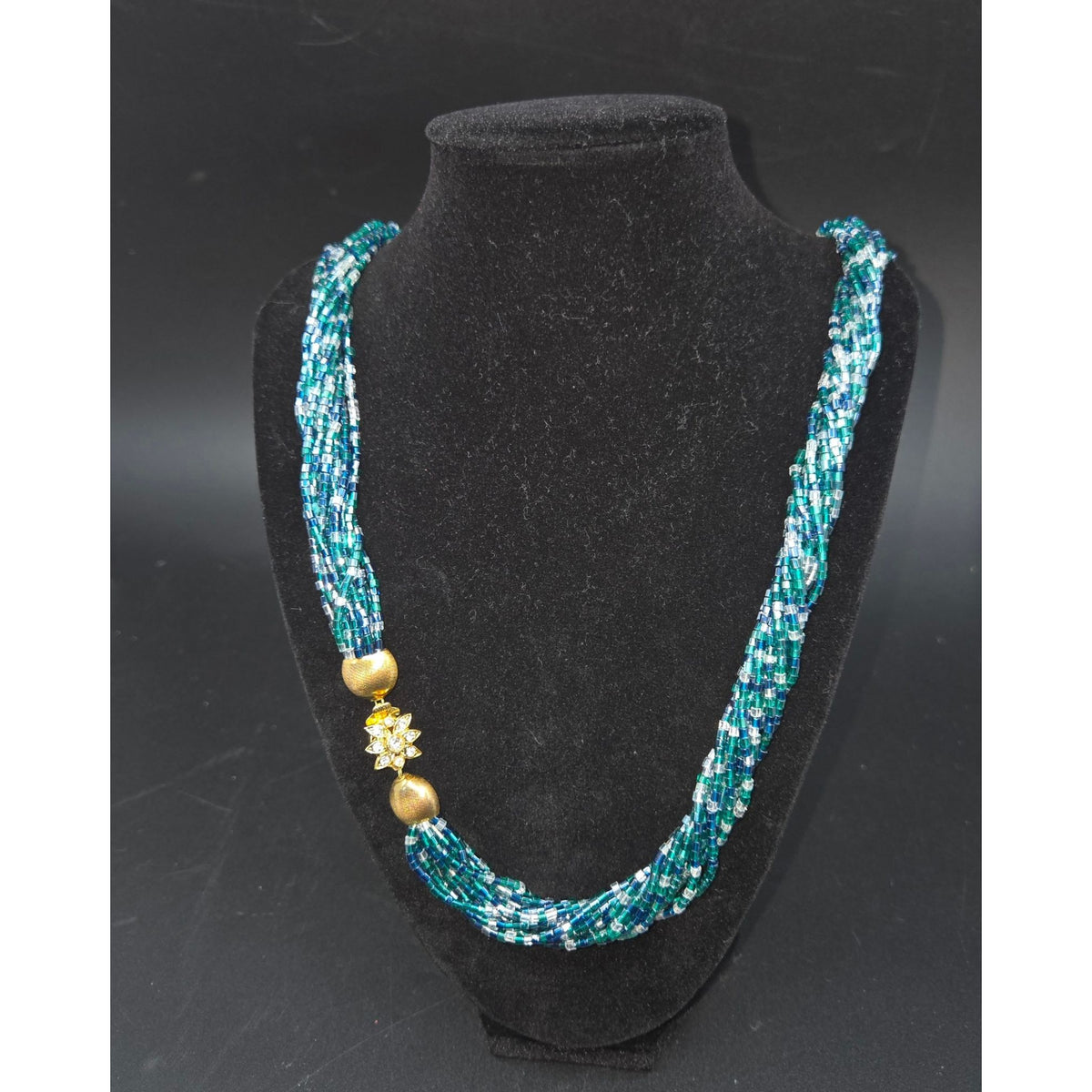 Multistrand Beaded Necklace & Clip-On Earrings Set With Gold-Tone Embellishments And Rhinestone Accent