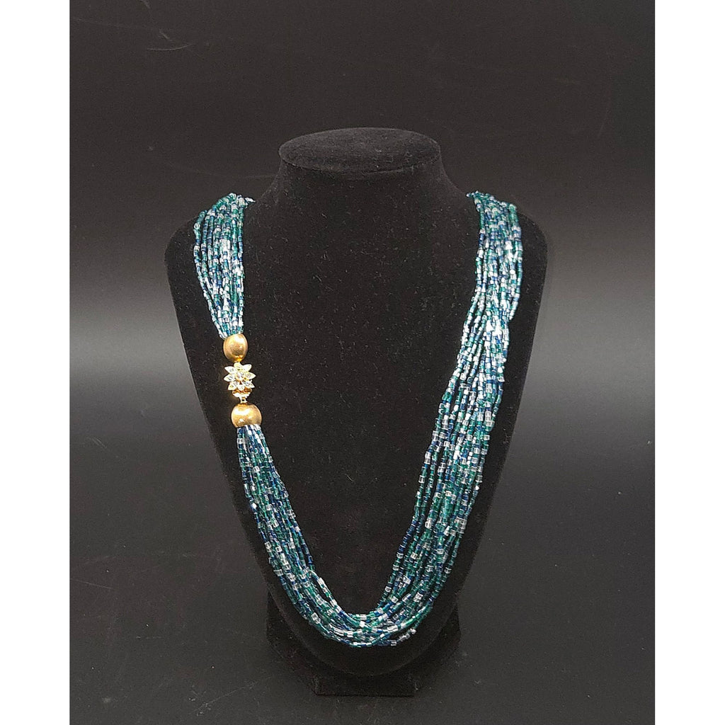 Multistrand Beaded Necklace & Clip-On Earrings Set With Gold-Tone Embellishments And Rhinestone Accent