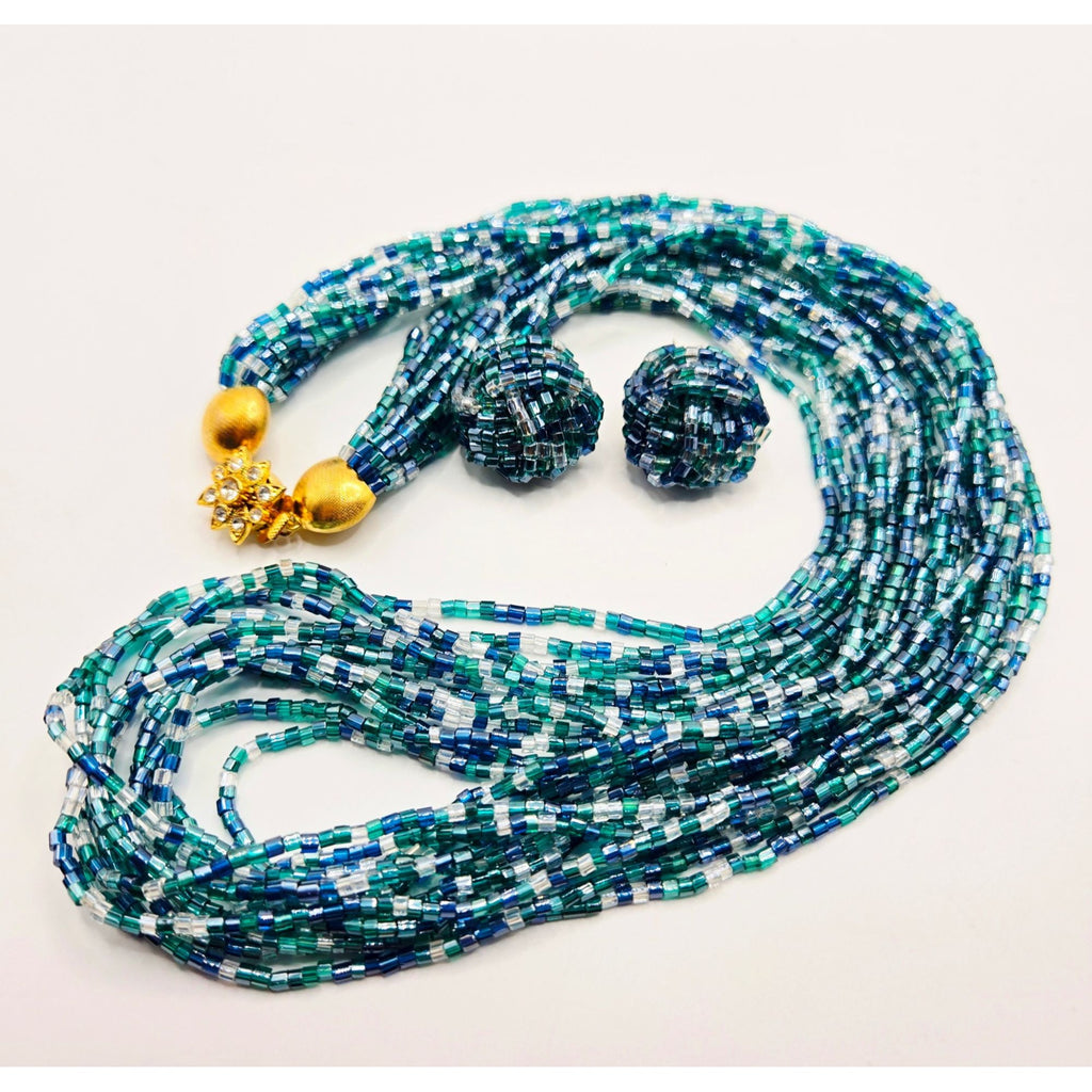 Multistrand Beaded Necklace & Clip-On Earrings Set With Gold-Tone Embellishments And Rhinestone Accent