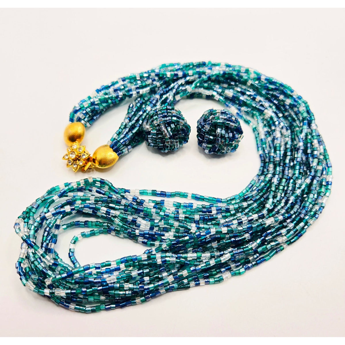 Multistrand Beaded Necklace & Clip-On Earrings Set With Gold-Tone Embellishments And Rhinestone Accent