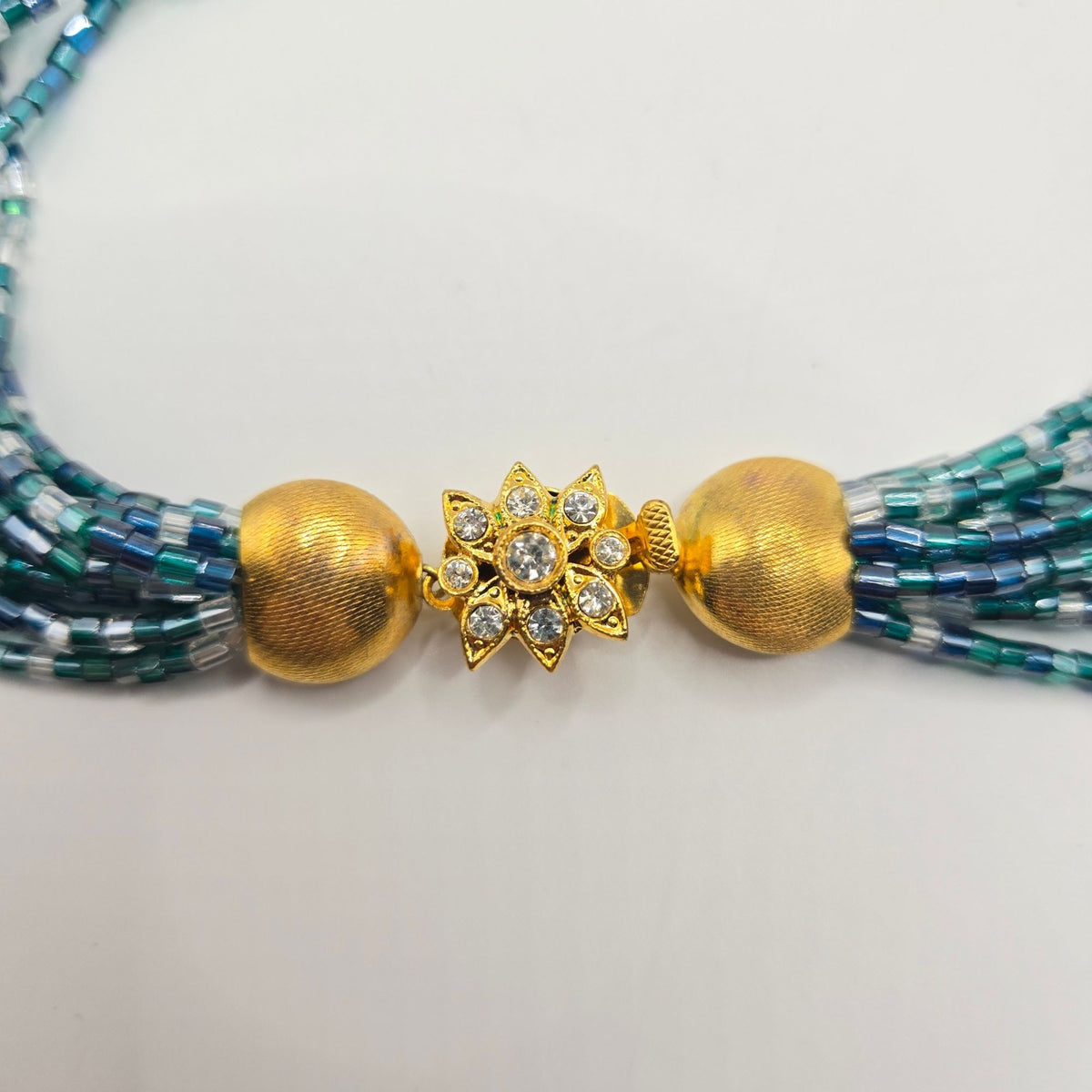 Multistrand Beaded Necklace & Clip-On Earrings Set With Gold-Tone Embellishments And Rhinestone Accent