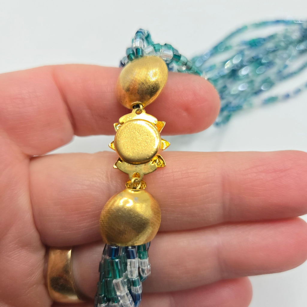 Multistrand Beaded Necklace & Clip-On Earrings Set With Gold-Tone Embellishments And Rhinestone Accent