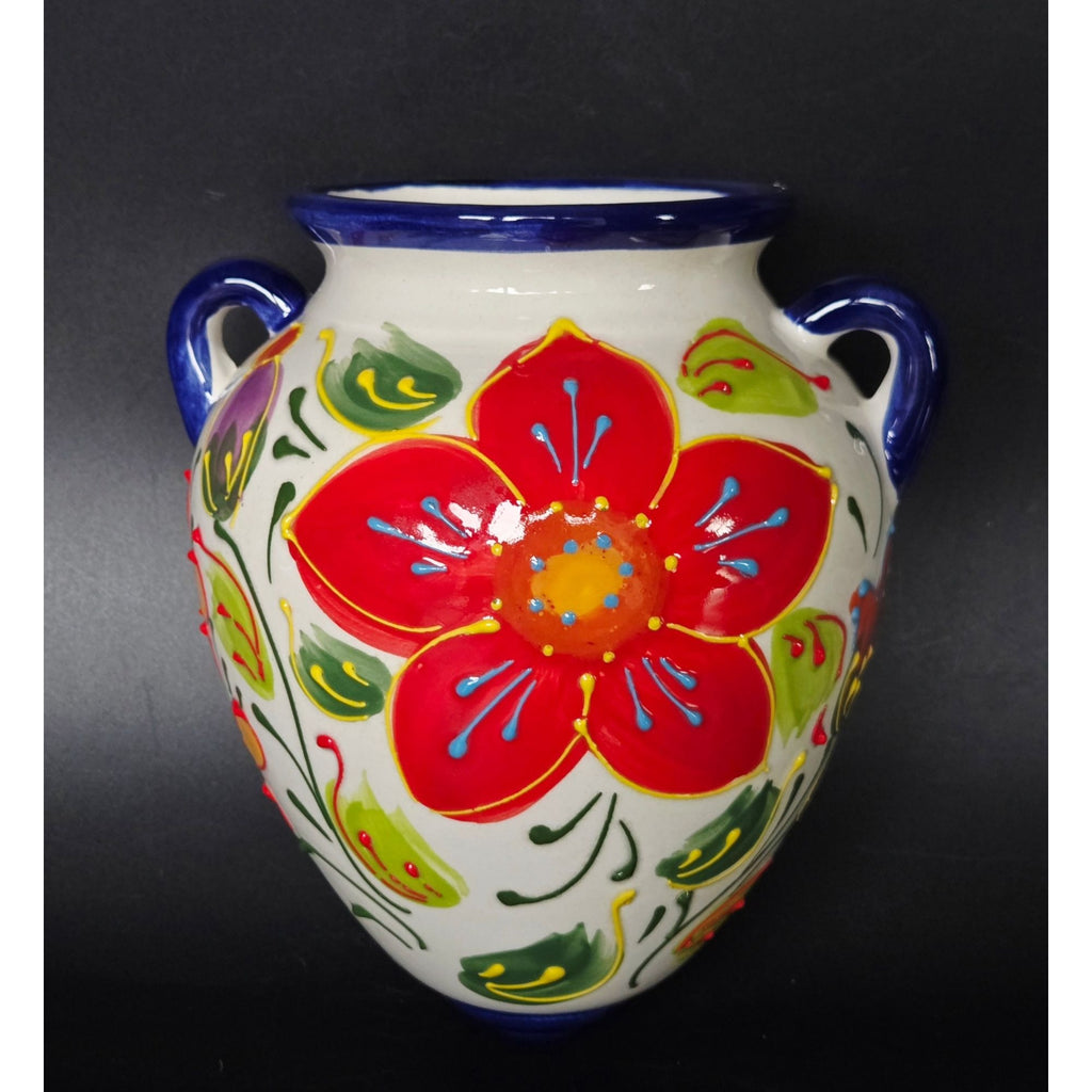 Hand-Painted Spanish Floral Ceramic Wall Planter Vase With Drain Hole & Hanging Mount