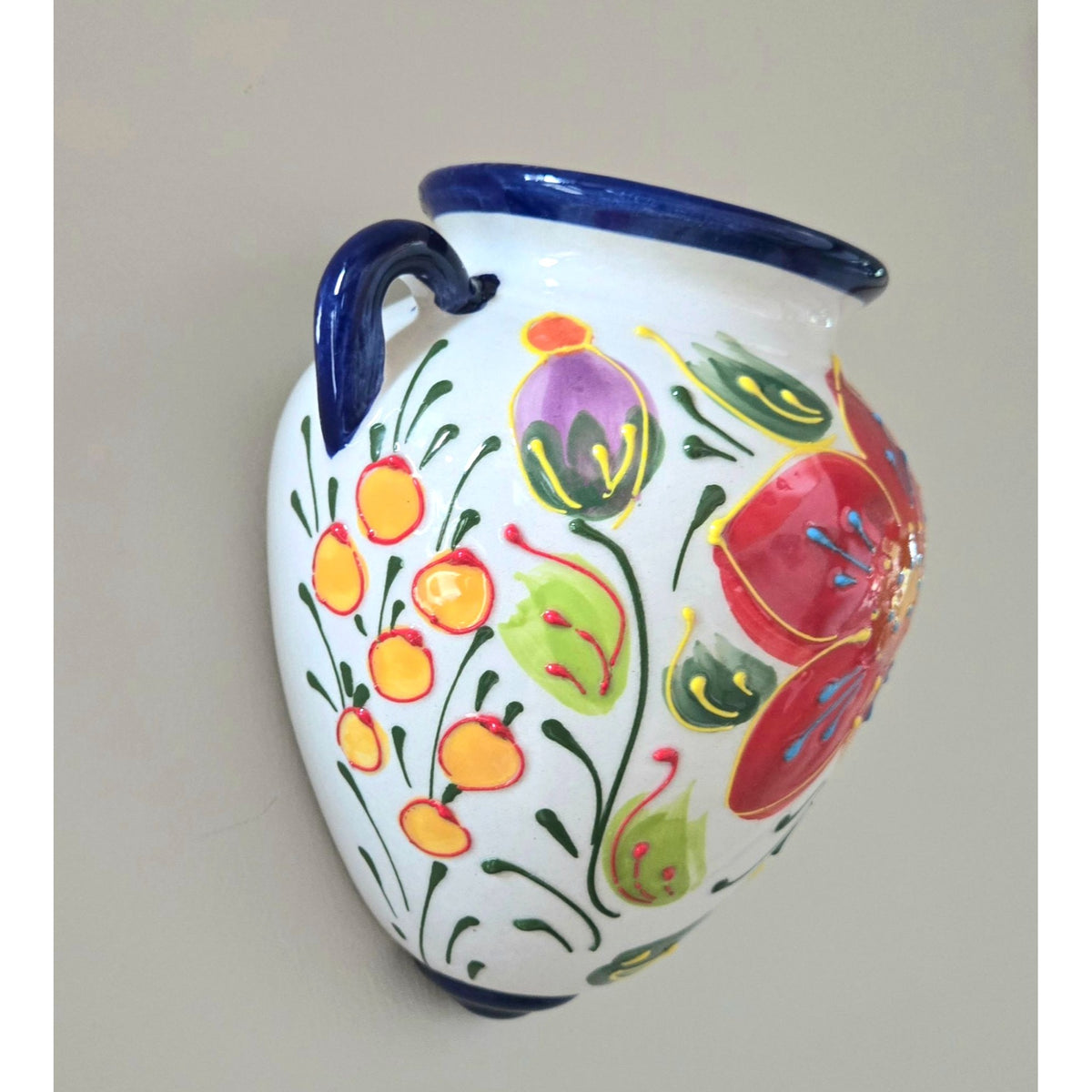 Hand-Painted Spanish Floral Ceramic Wall Planter Vase With Drain Hole & Hanging Mount