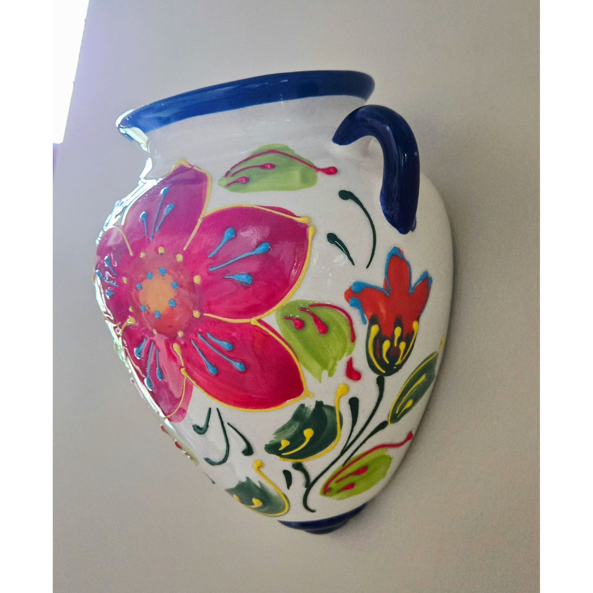 Hand-Painted Spanish Floral Ceramic Wall Planter Vase With Drain Hole & Hanging Mount