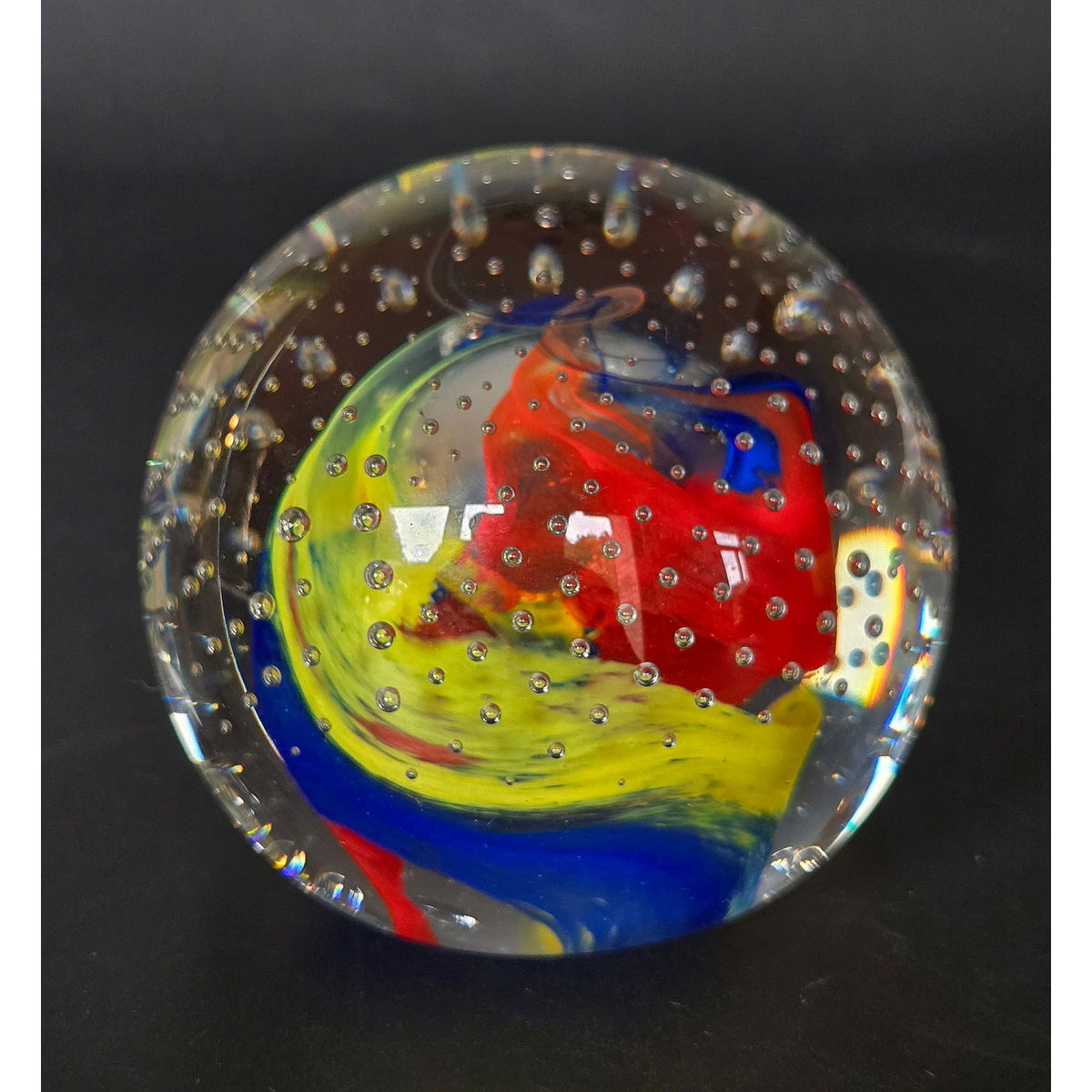 Caithness Scotland Multicolor Art Glass Paperweight With Controlled Bubbles & Swirls