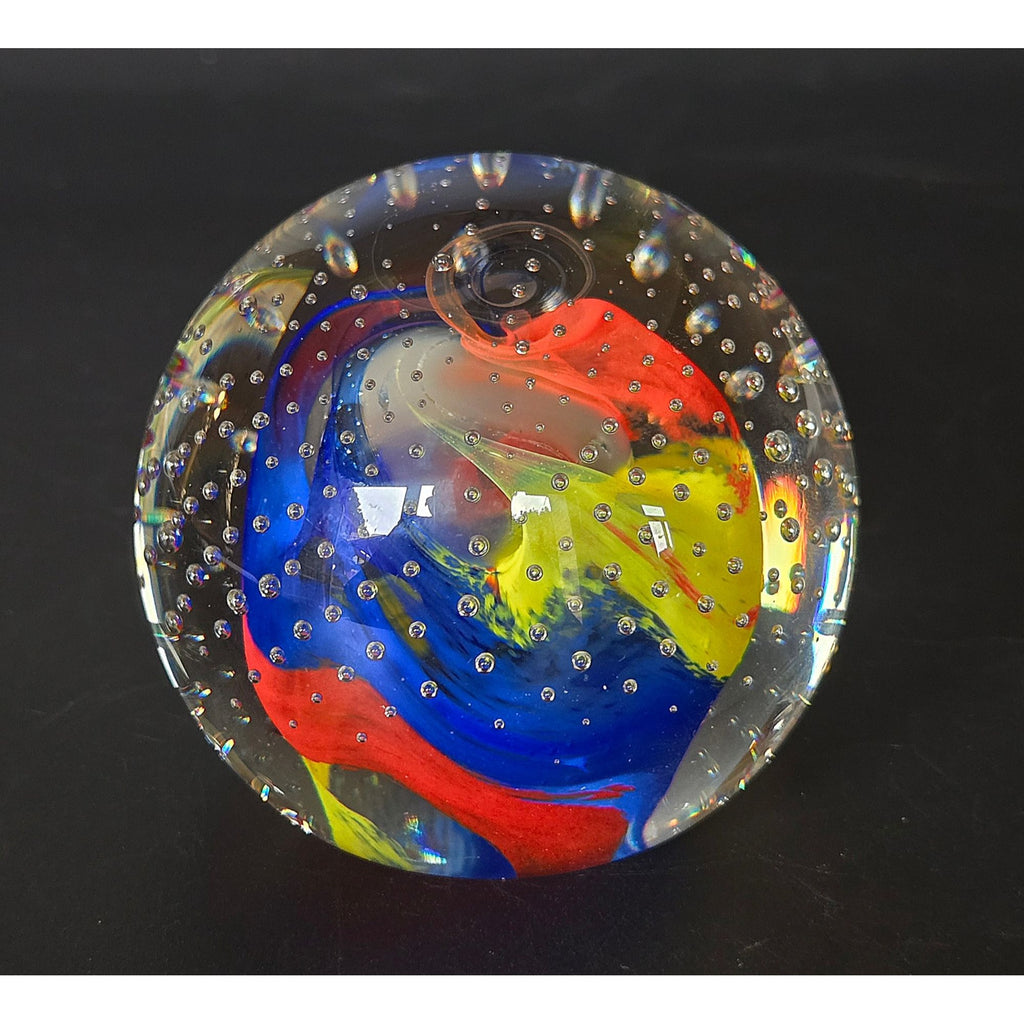 Caithness Scotland Multicolor Art Glass Paperweight With Controlled Bubbles & Swirls